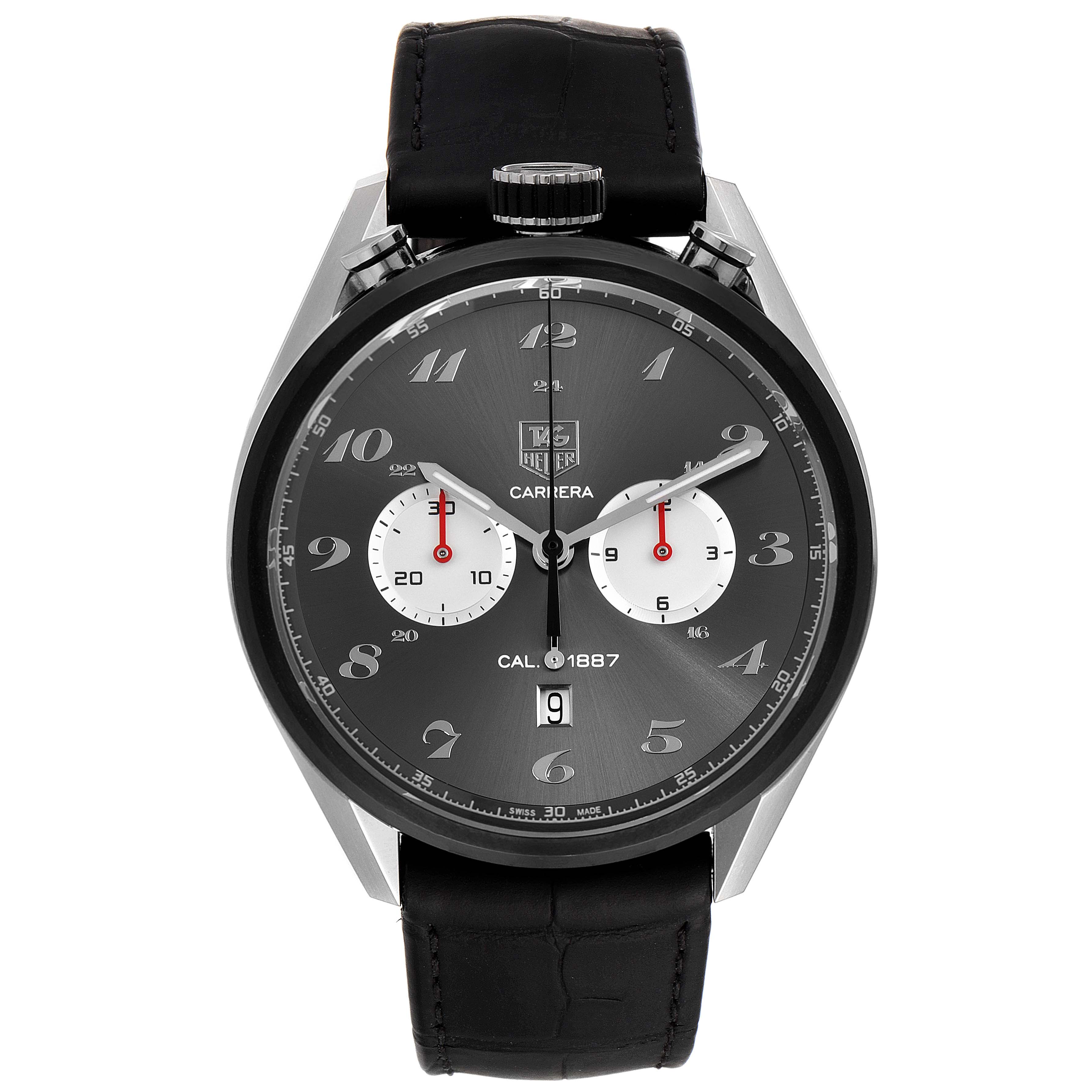 The image shows a front view of the Tag Heuer Carrera CAR2C14 Men's Stainless Steel Grey Dial CAR2C14 Men's Stainless Steel Grey Dial watch, displaying its black dial, numerals, subdials, and date window.