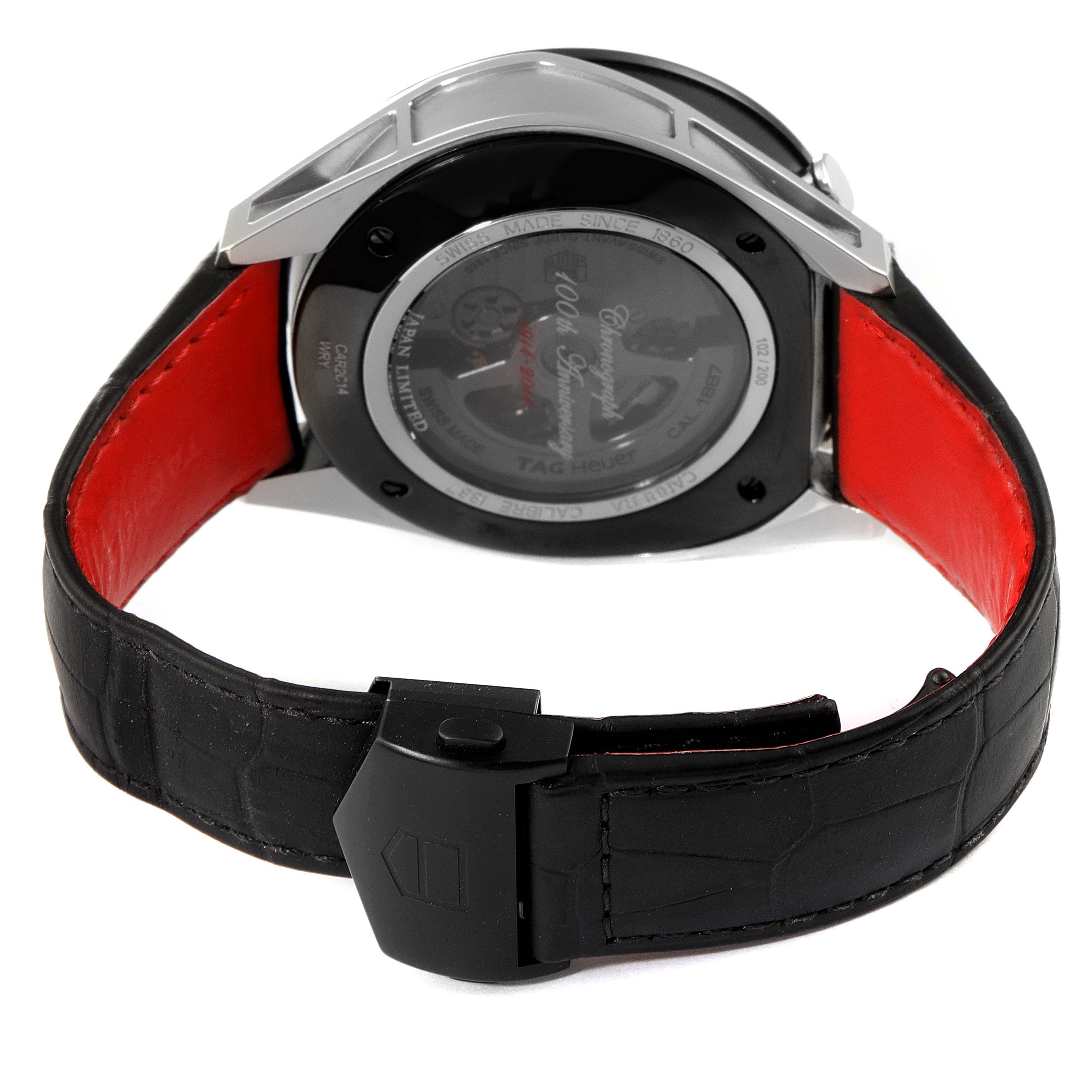 The image shows the back view of a Tag Heuer Carrera CAR2C14 Men's Stainless Steel Grey Dial CAR2C14 Men's Stainless Steel Grey Dial watch, highlighting the case back, strap, and clasp.