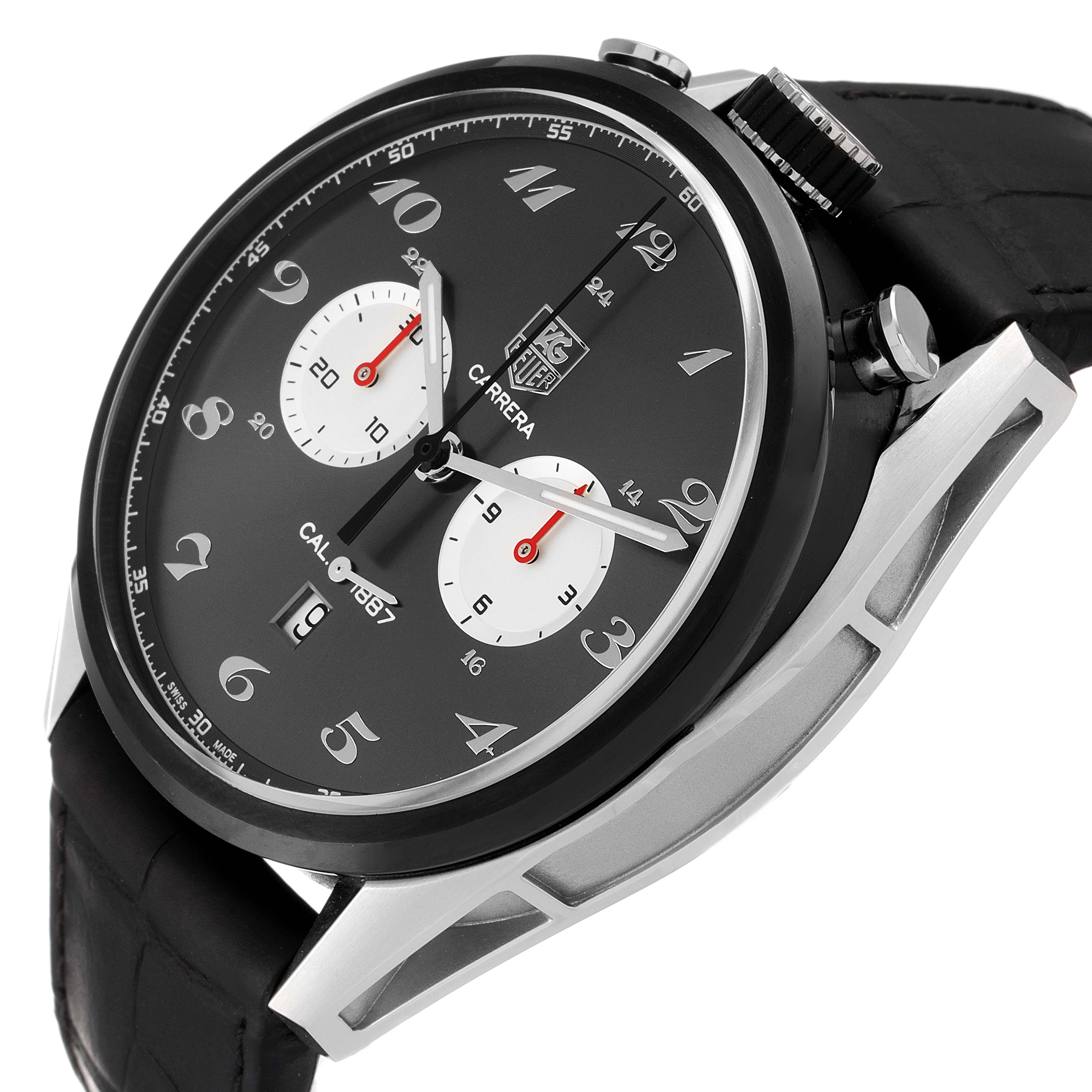 The image shows a side-angle view of the Tag Heuer Carrera CAR2C14 Men's Stainless Steel Grey Dial CAR2C14 Men's Stainless Steel Grey Dial watch, highlighting the dial, crown, and part of the strap.