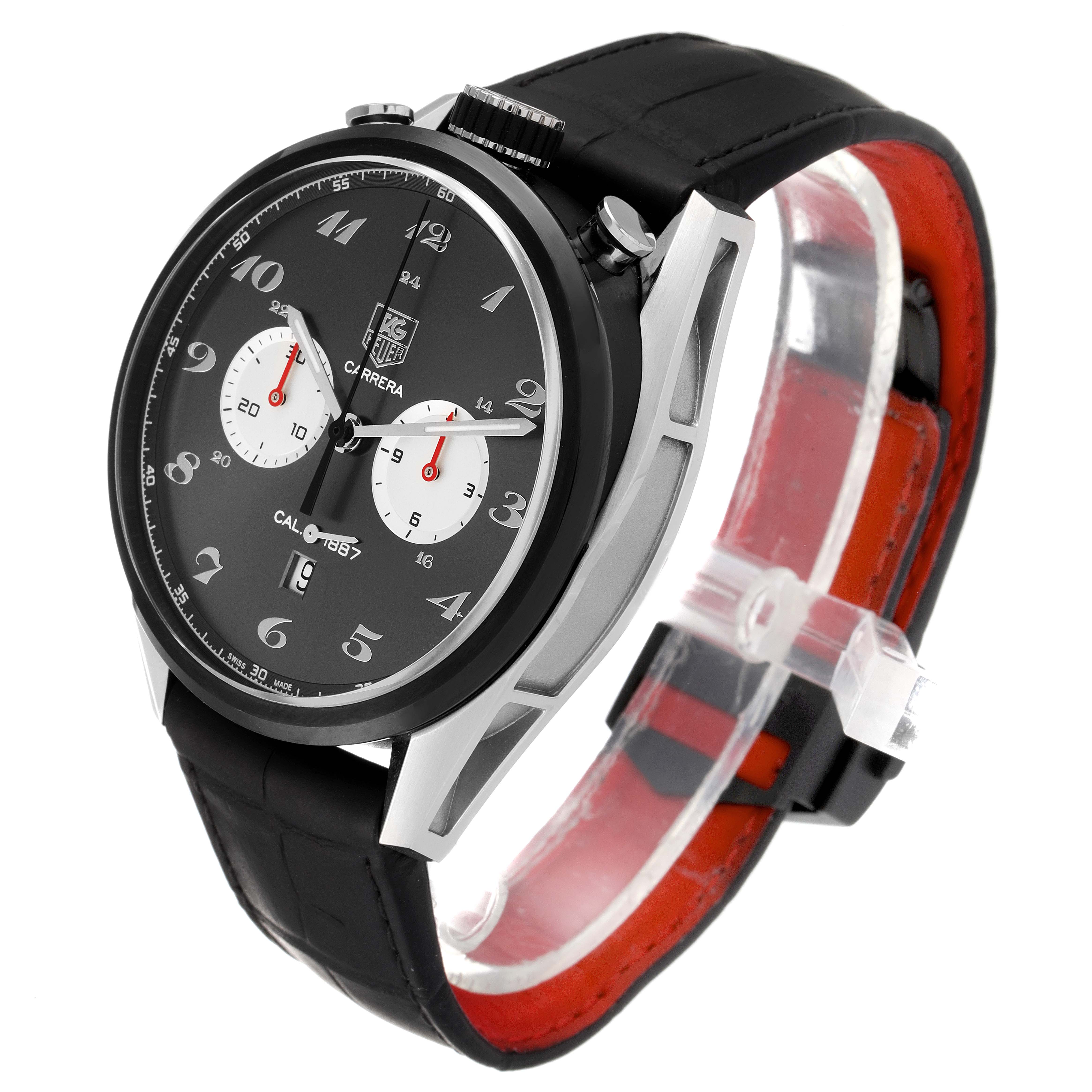 The image shows a Tag Heuer Carrera CAR2C14 Men's Stainless Steel Grey Dial CAR2C14 Men's Stainless Steel Grey Dial watch at a side angle, highlighting the black dial, sub-dials, and black leather strap with red lining.