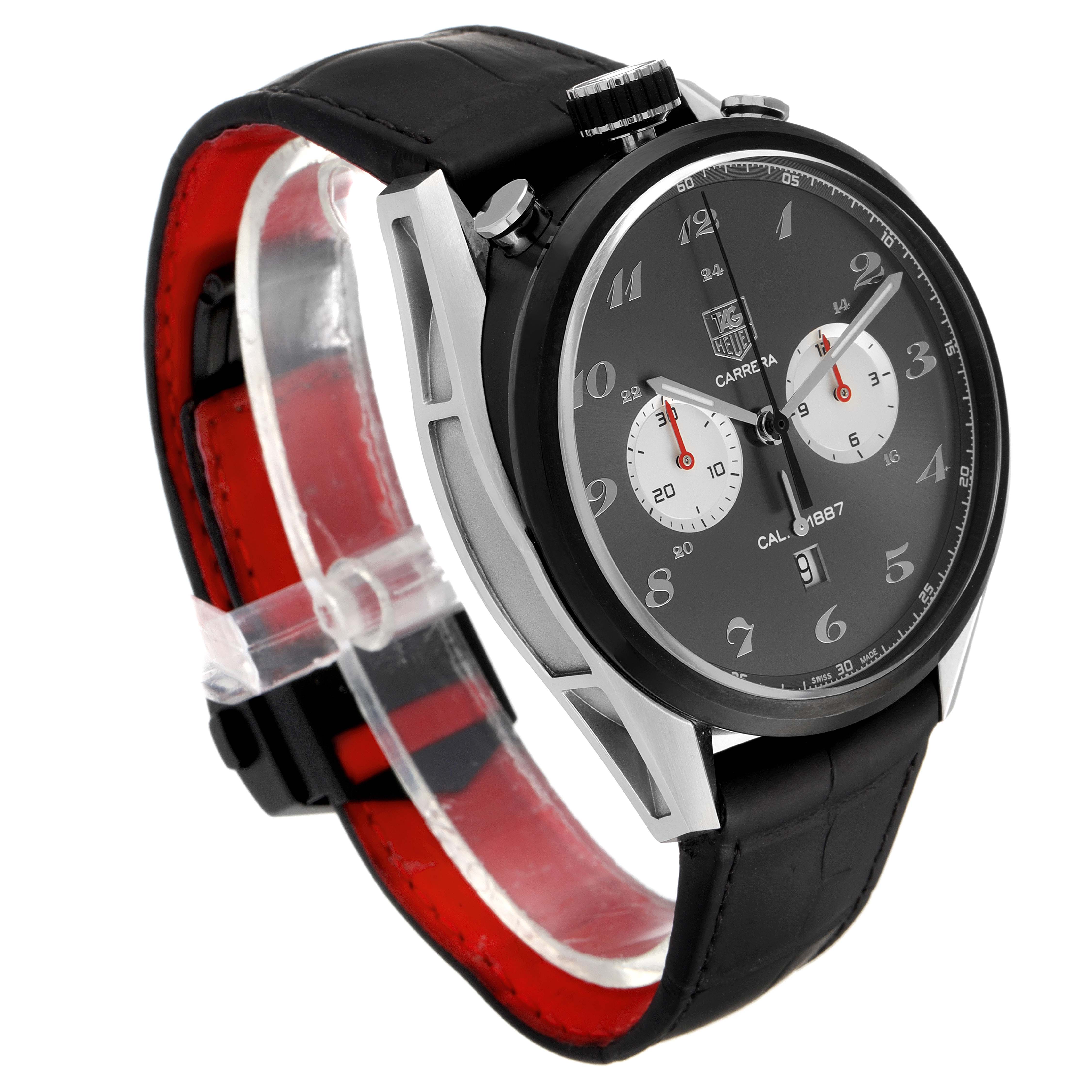 The image shows a side-angle view of a Tag Heuer Carrera CAR2C14 Men's Stainless Steel Grey Dial CAR2C14 Men's Stainless Steel Grey Dial watch featuring its dial, case, crown, pushers, and black leather strap.