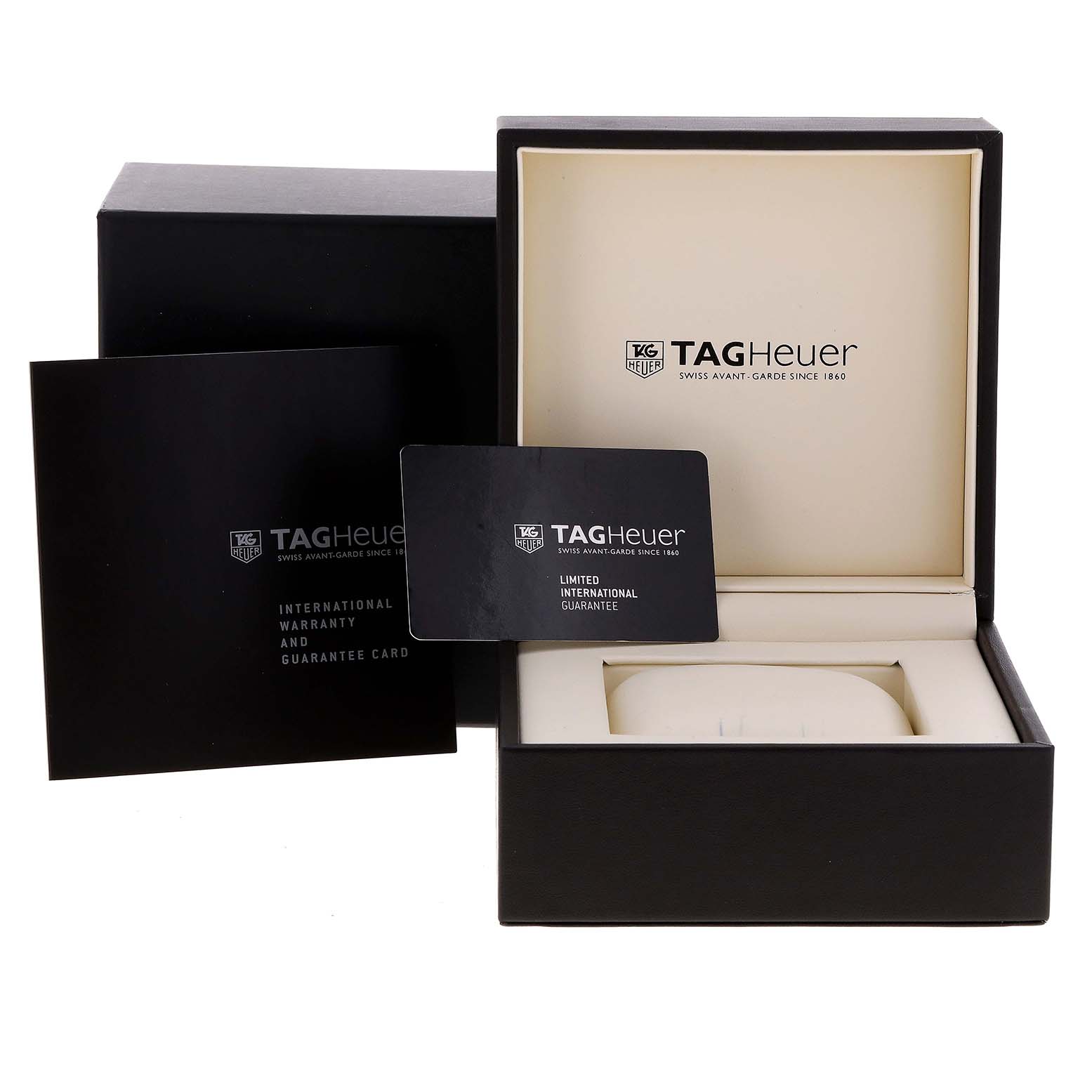 The image shows the box, warranty card, and manual for the Tag Heuer Carrera CAR2C14 Men's Stainless Steel Grey Dial CAR2C14 Men's Stainless Steel Grey Dial watch.