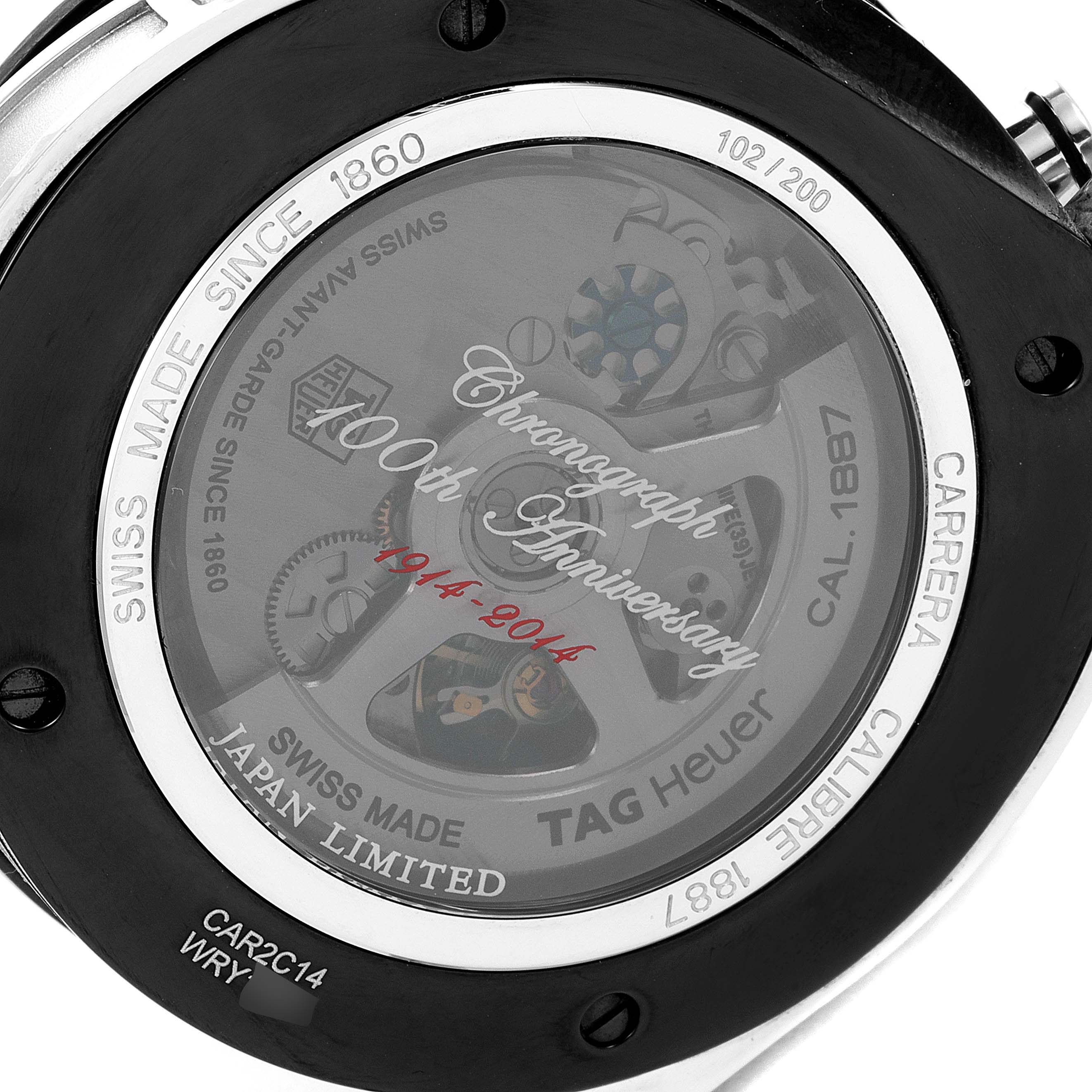 The image shows the back of a Tag Heuer Carrera CAR2C14 Men's Stainless Steel Grey Dial CAR2C14 Men's Stainless Steel Grey Dial watch, highlighting its internal mechanisms and inscriptions.