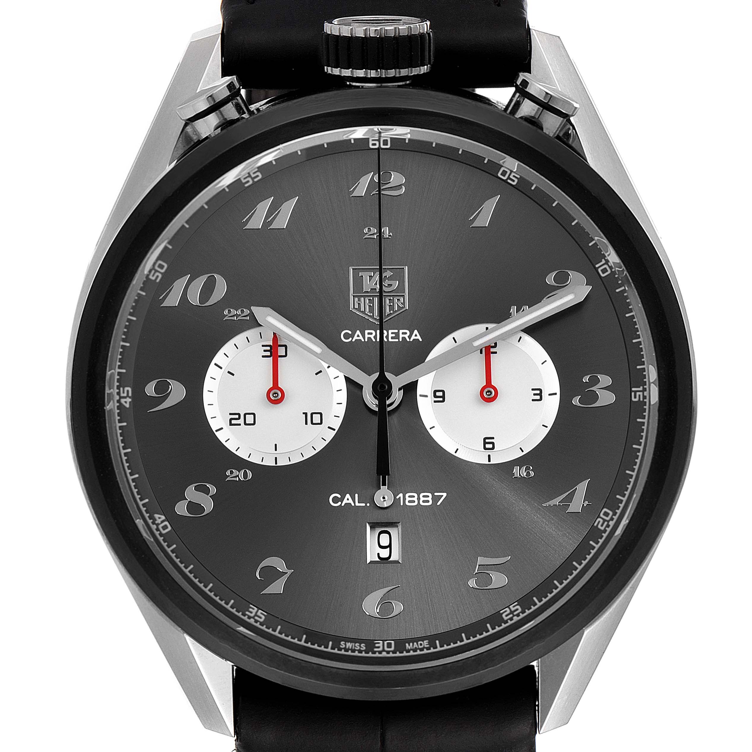 Front view of the Tag Heuer Carrera CAR2C14 Men's Stainless Steel Grey Dial CAR2C14 Men's Stainless Steel Grey Dial watch, displaying its round dial, chronograph subdials, and date window.