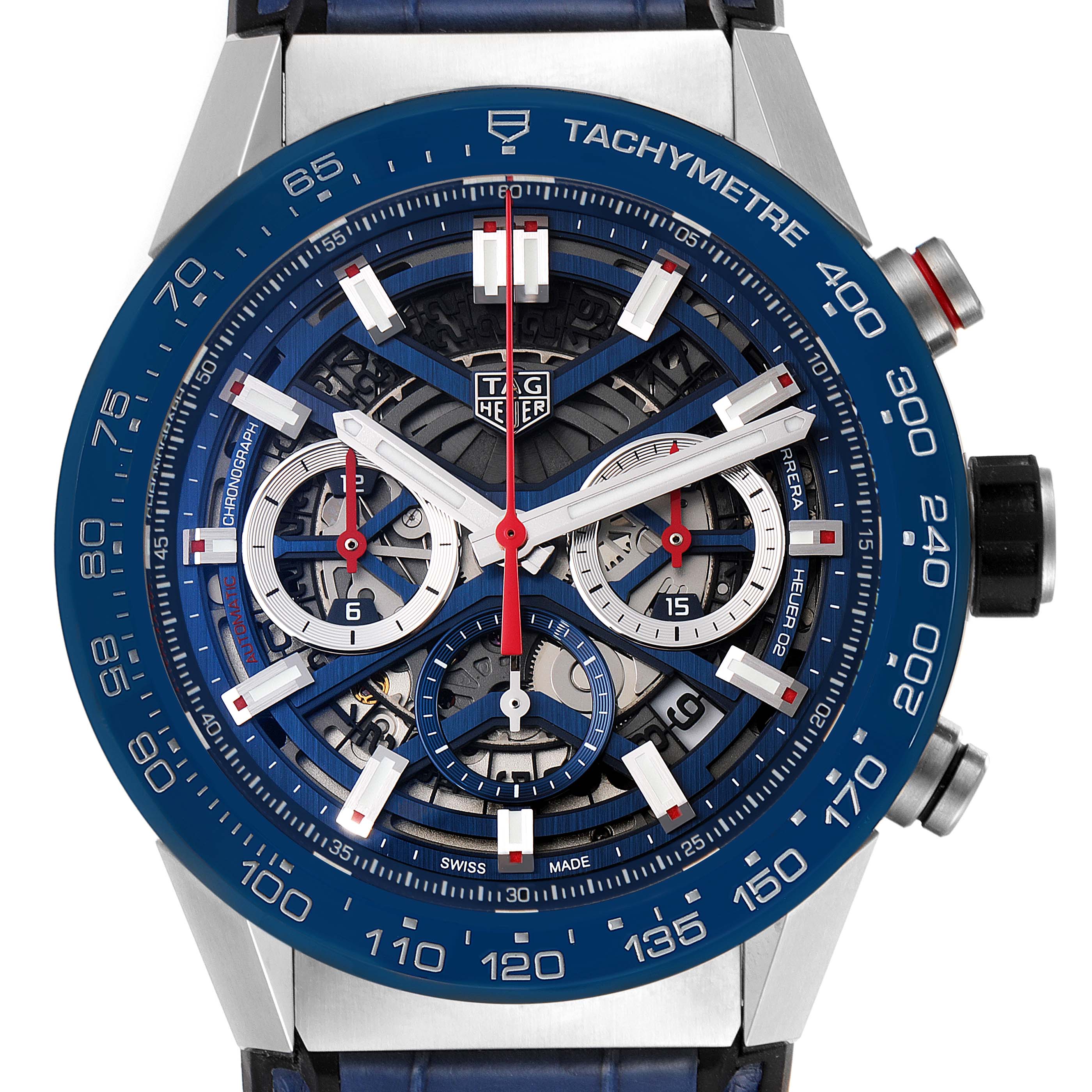 The image shows a frontal view of a Tag Heuer Carrera CBG2A11.FC6460 Men's Stainless Steel Blue Dial CBG2A11.FC6460 Men's Stainless Steel Blue Dial watch, highlighting the dial, tachymeter bezel, and chronograph features.