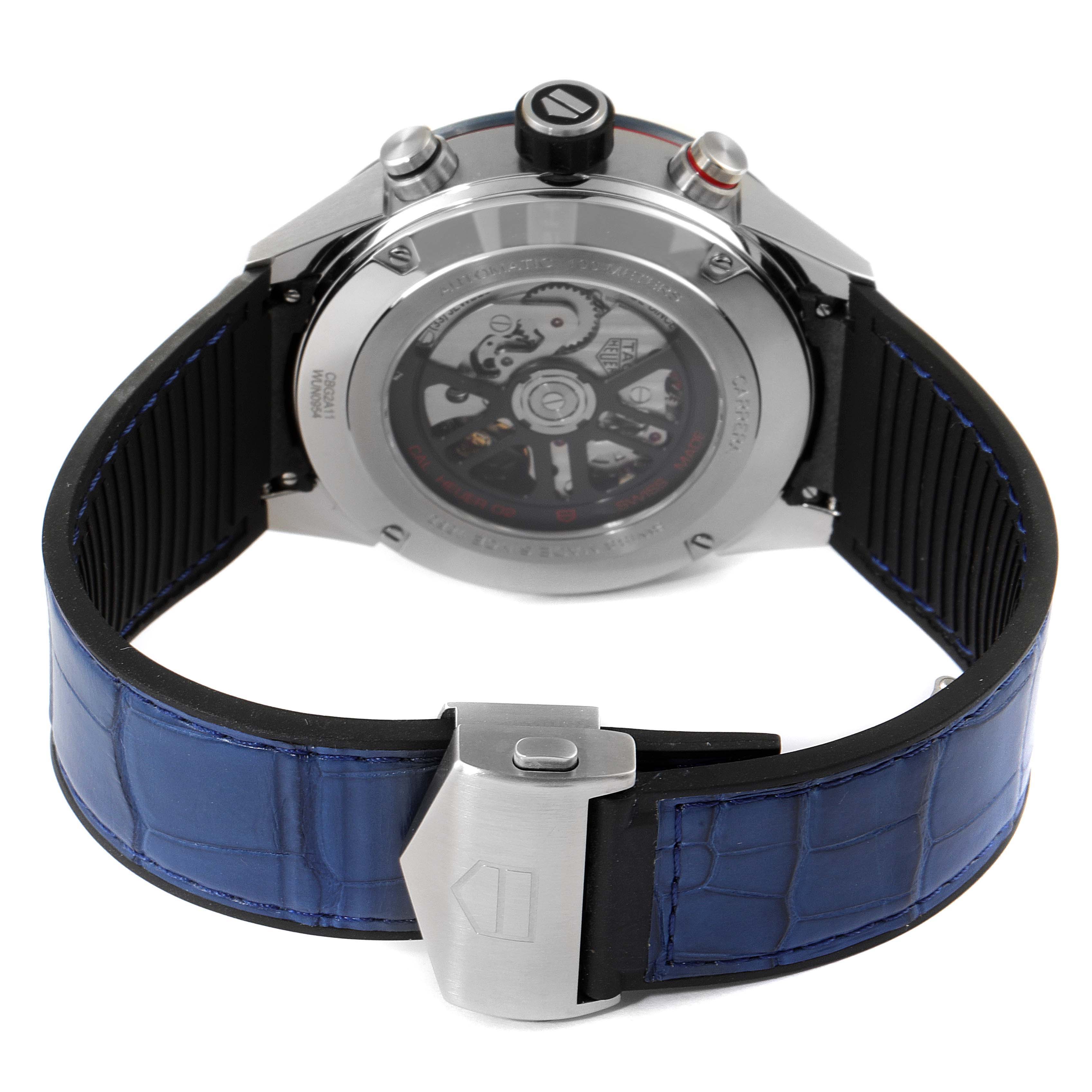 This image shows the back view of a Tag Heuer Carrera CBG2A11.FC6460 Men's Stainless Steel Blue Dial CBG2A11.FC6460 Men's Stainless Steel Blue Dial watch, highlighting the transparent case back and blue leather strap.