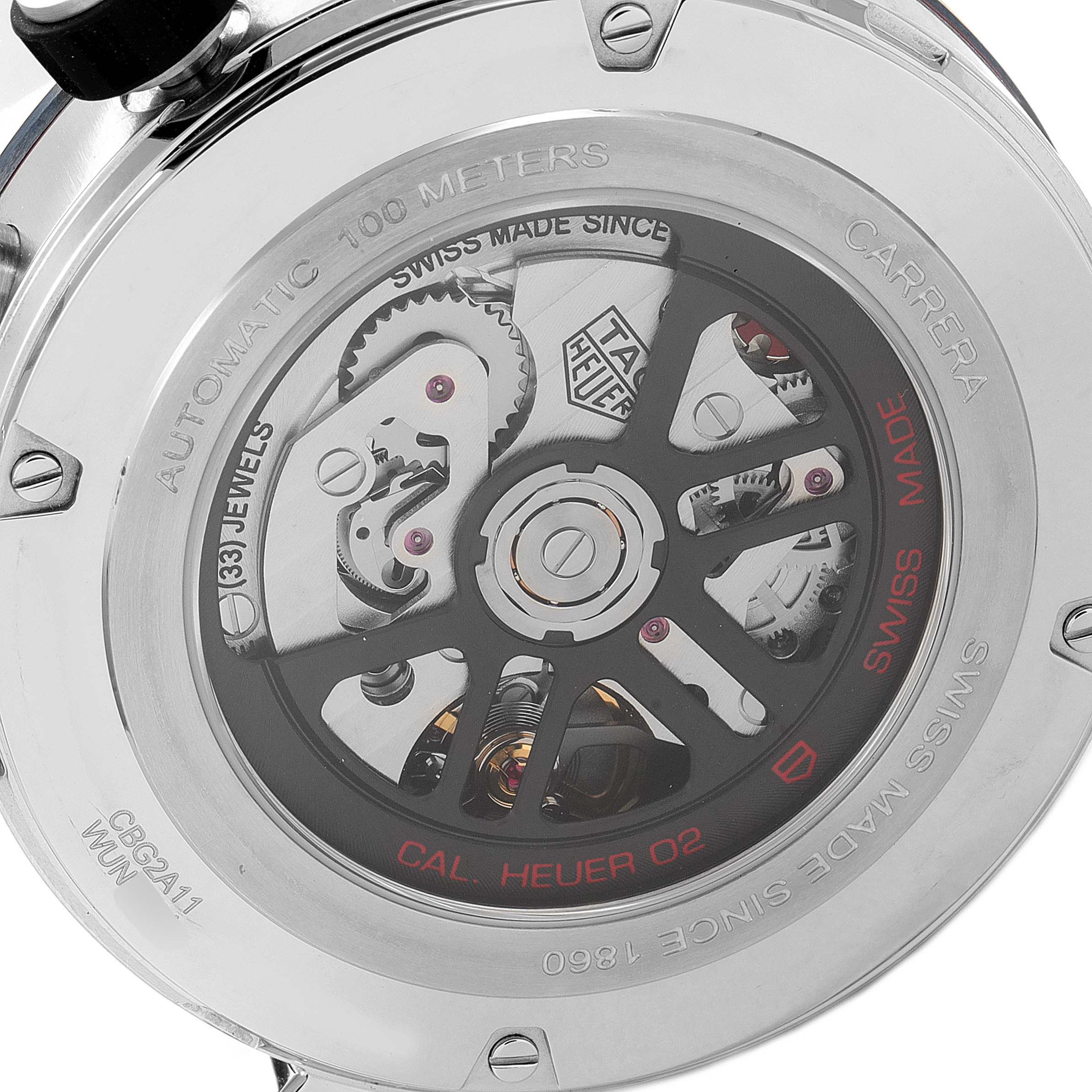 The image shows the Tag Heuer Carrera CBG2A11.FC6460 Men's Stainless Steel Blue Dial CBG2A11.FC6460 Men's Stainless Steel Blue Dial watch from the back, highlighting its automatic movement and detailed inner mechanism.