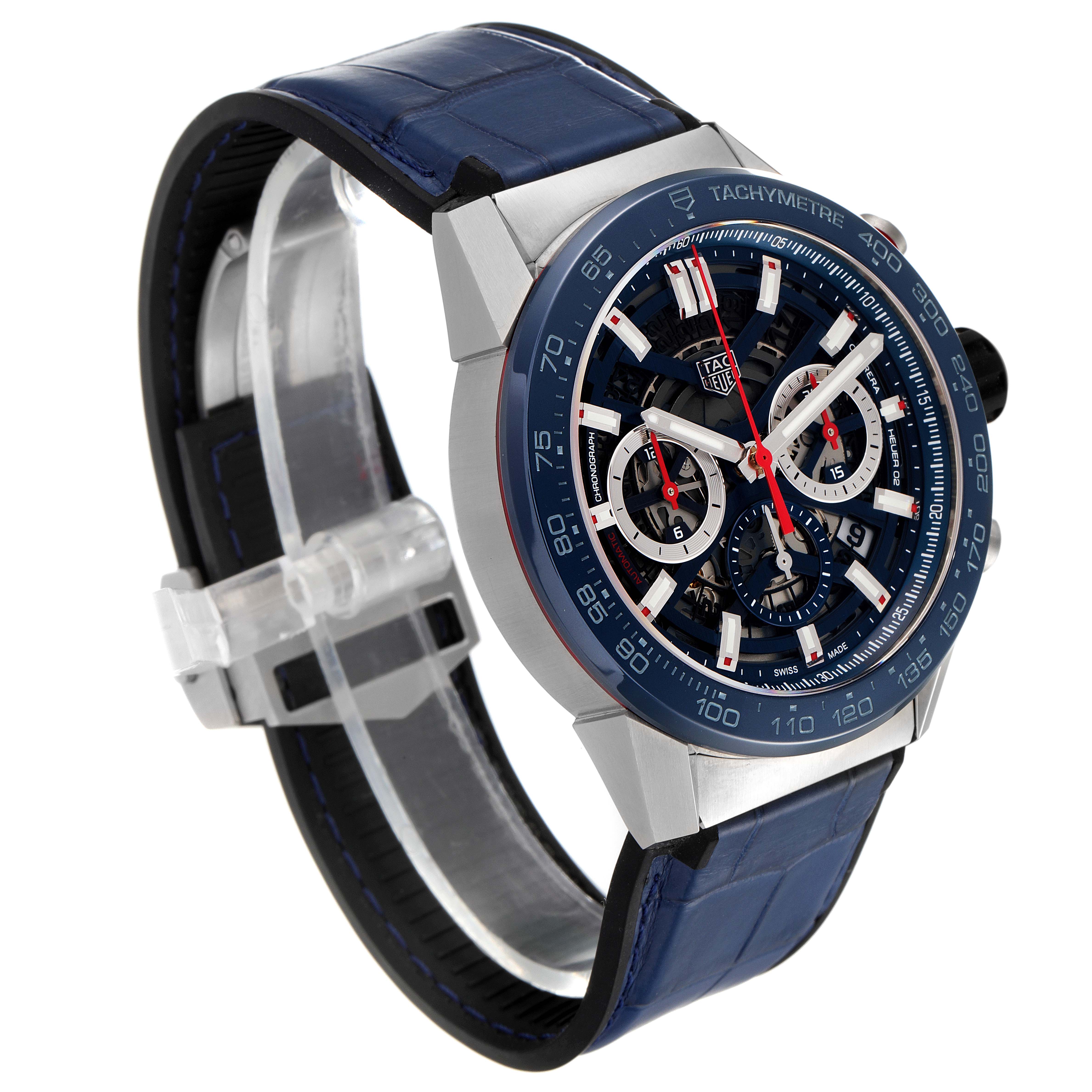 This Tag Heuer Carrera CBG2A11.FC6460 Men's Stainless Steel Blue Dial CBG2A11.FC6460 Men's Stainless Steel Blue Dial model watch is shown at an angle displaying the watch face, crown, and part of the blue strap.