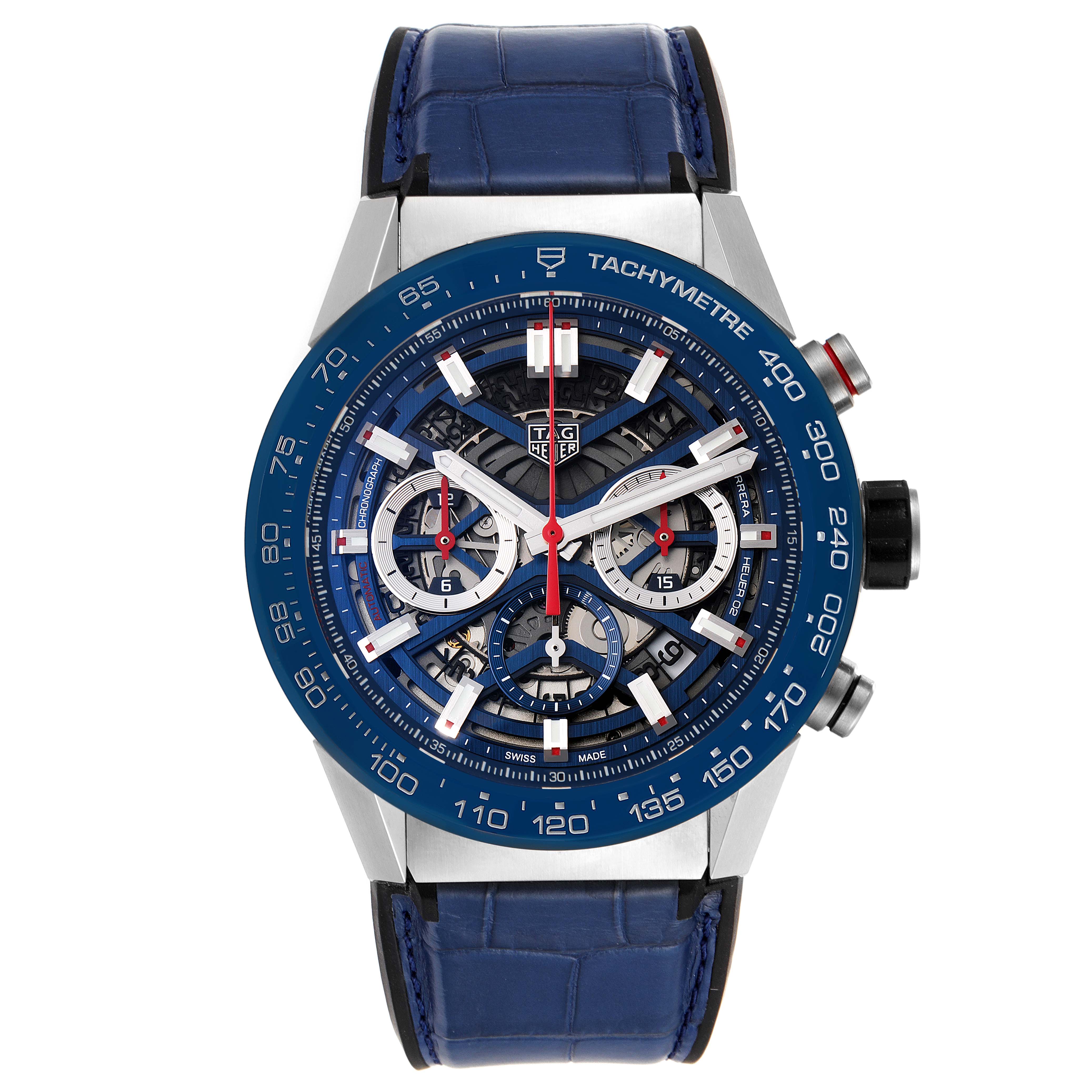This is a front view of the Tag Heuer Carrera CBG2A11.FC6460 Men's Stainless Steel Blue Dial CBG2A11.FC6460 Men's Stainless Steel Blue Dial watch, showing the dial, bezel, and blue strap.