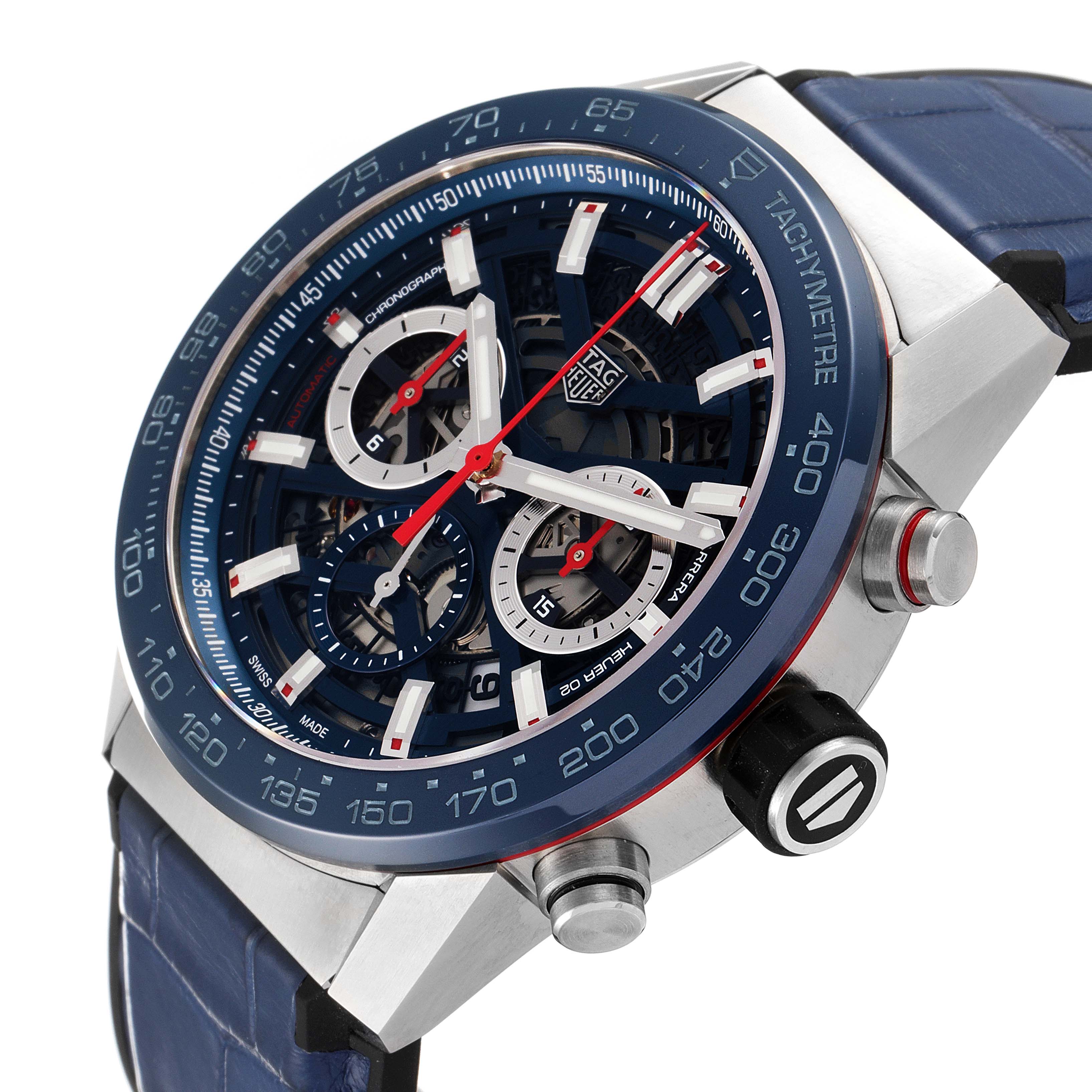 The Tag Heuer Carrera CBG2A11.FC6460 Men's Stainless Steel Blue Dial CBG2A11.FC6460 Men's Stainless Steel Blue Dial watch is shown at a slight angle, highlighting its blue dial, tachymeter, sub-dials, and side pushers.