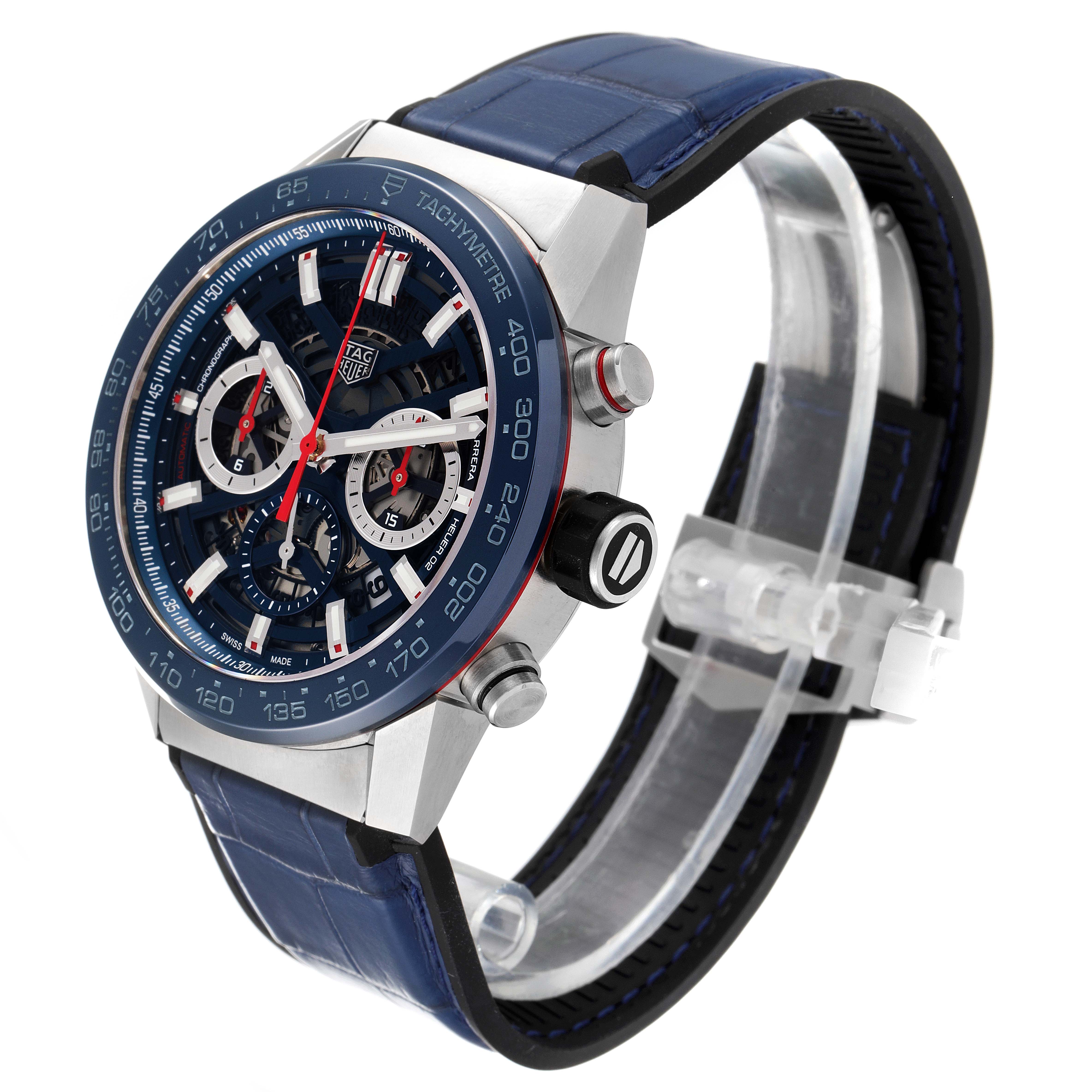 The image shows a Tag Heuer Carrera CBG2A11.FC6460 Men's Stainless Steel Blue Dial CBG2A11.FC6460 Men's Stainless Steel Blue Dial watch at a three-quarter angle, highlighting the dial, bezel, pushers, and strap.