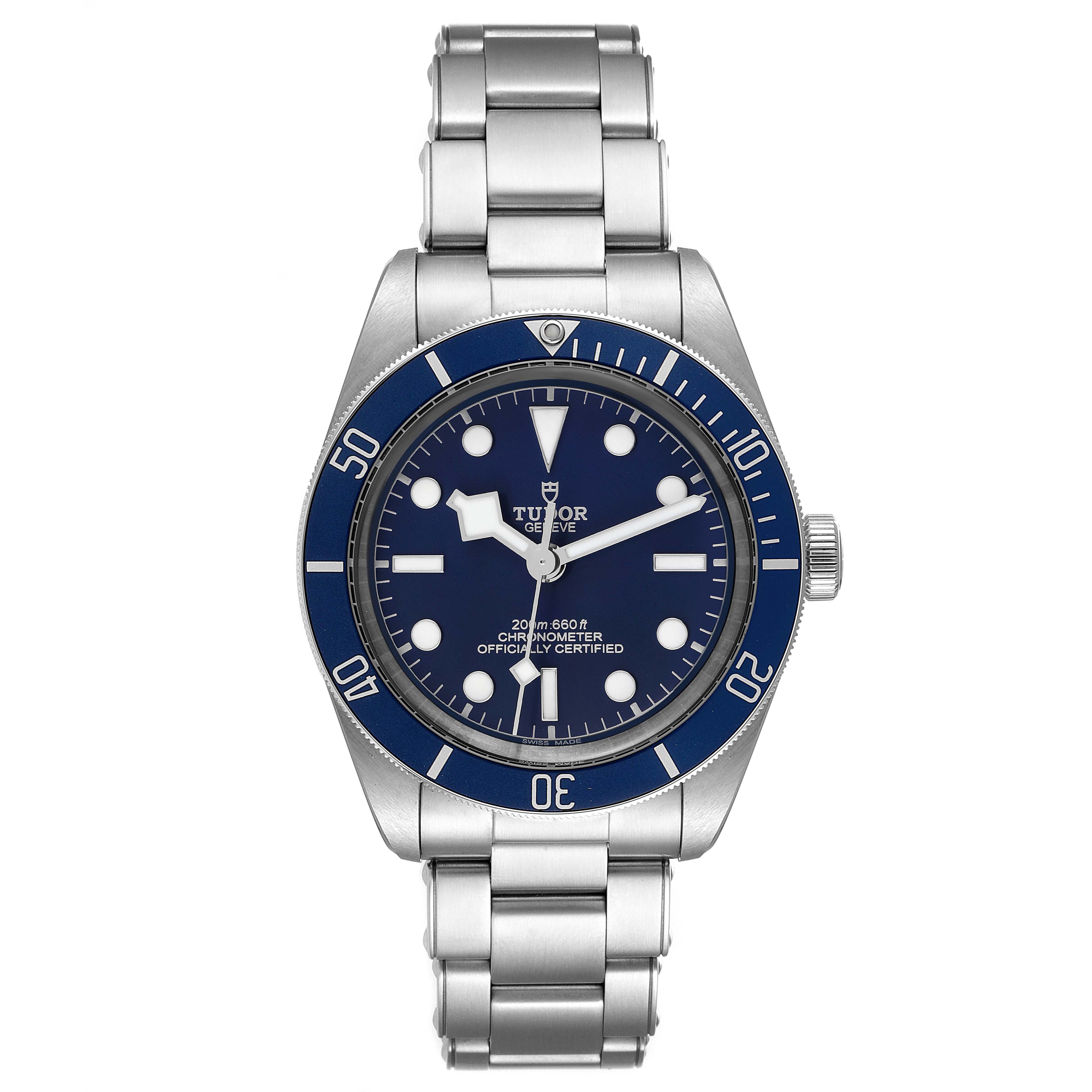 This image shows a front view of the Tudor Heritage Black Bay 79030B Men's Stainless Steel Blue Dial 79030B Men's Stainless Steel Blue Dial watch, highlighting its dial, bezel, and bracelet.
