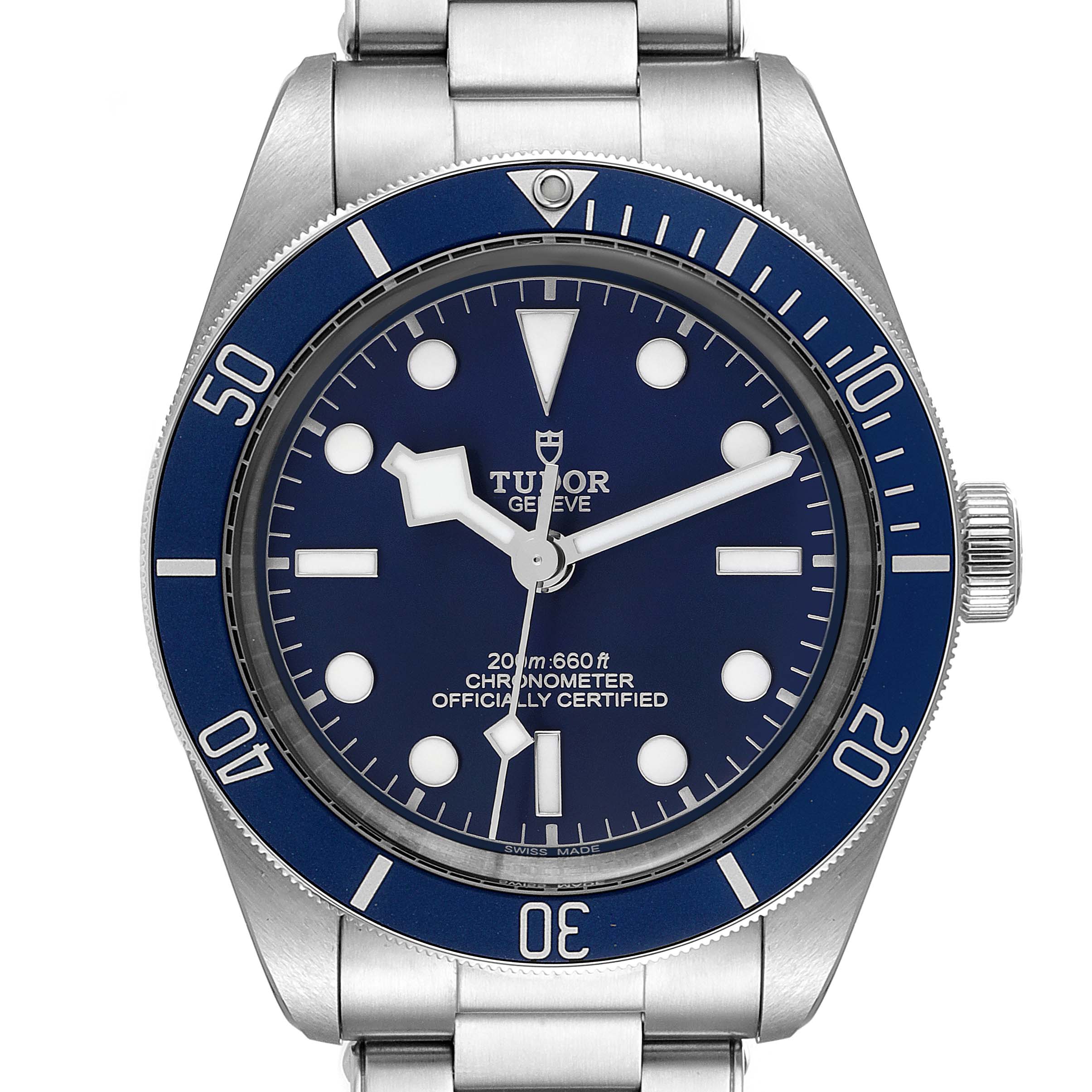 The Tudor Heritage Black Bay 79030B Men's Stainless Steel Blue Dial 79030B Men's Stainless Steel Blue Dial watch is shown from a front angle, displaying the full dial, bezel, and part of the bracelet.