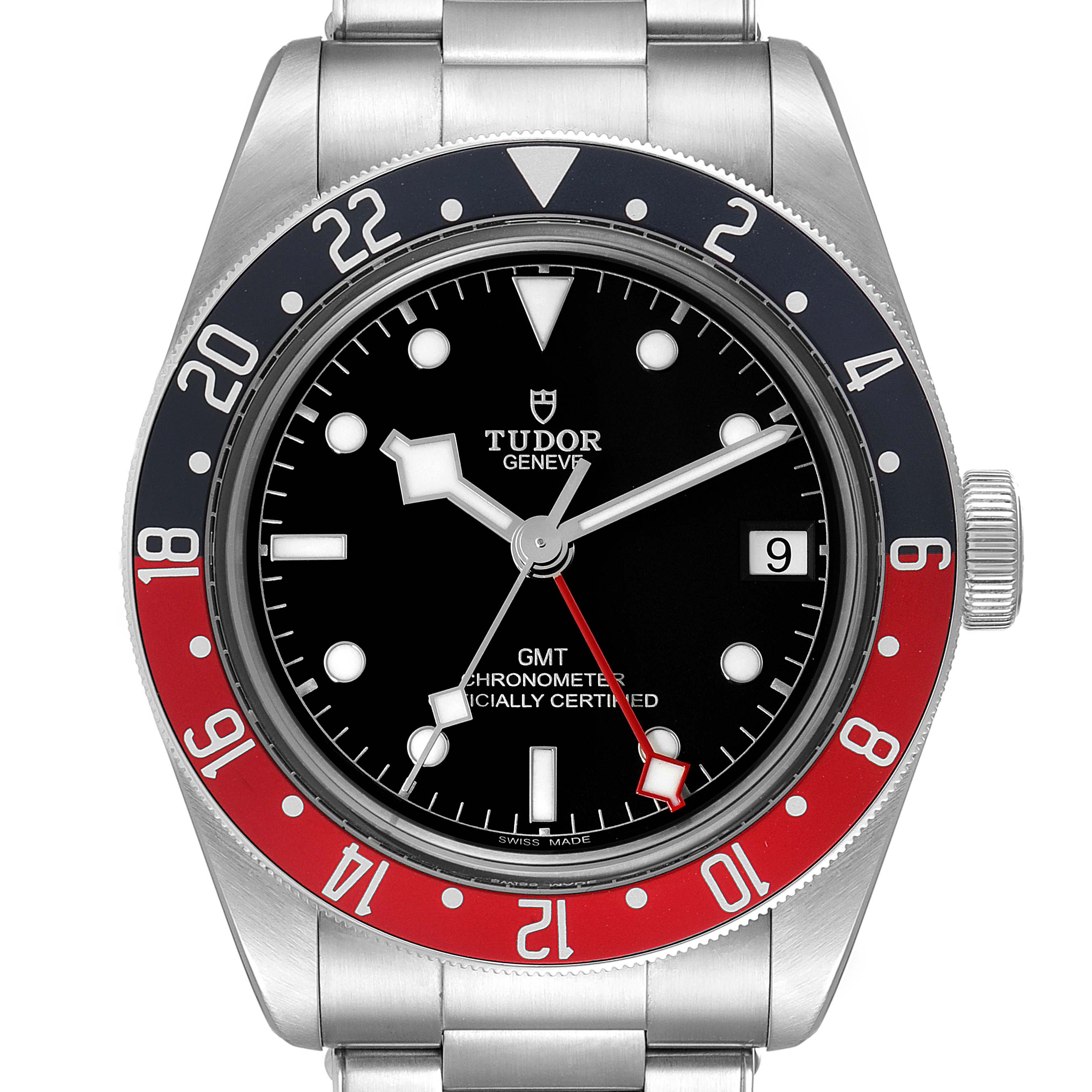 This is a front view of the Tudor Heritage Black Bay 79830RB Men's Stainless Steel Black Dial 79830RB Men's Stainless Steel Black Dial model, showcasing its black dial, red and blue bezel, and stainless steel bracelet.