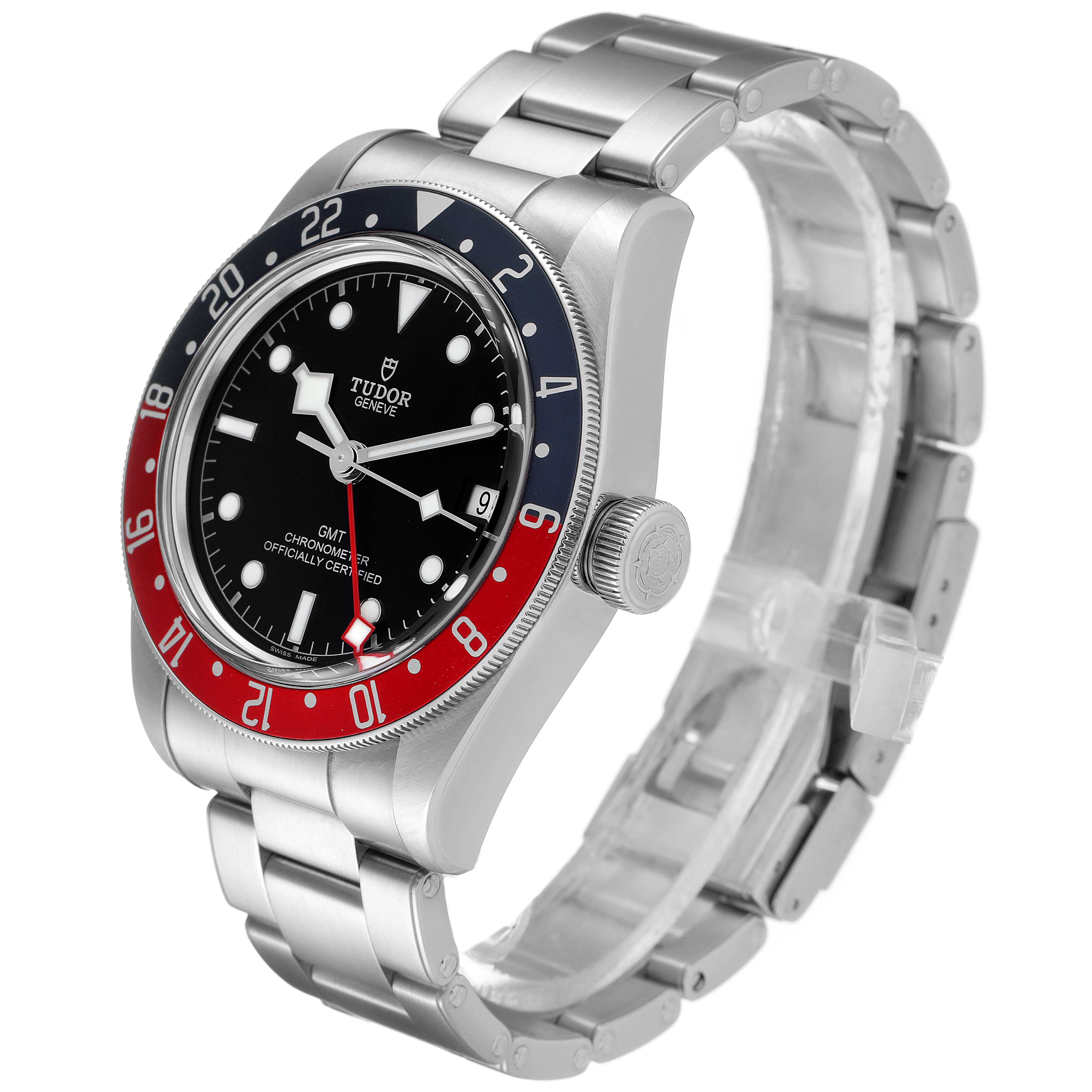 The Tudor Heritage Black Bay 79830RB Men's Stainless Steel Black Dial 79830RB Men's Stainless Steel Black Dial watch is shown from an angled side view, highlighting its stainless steel bracelet and bezel.