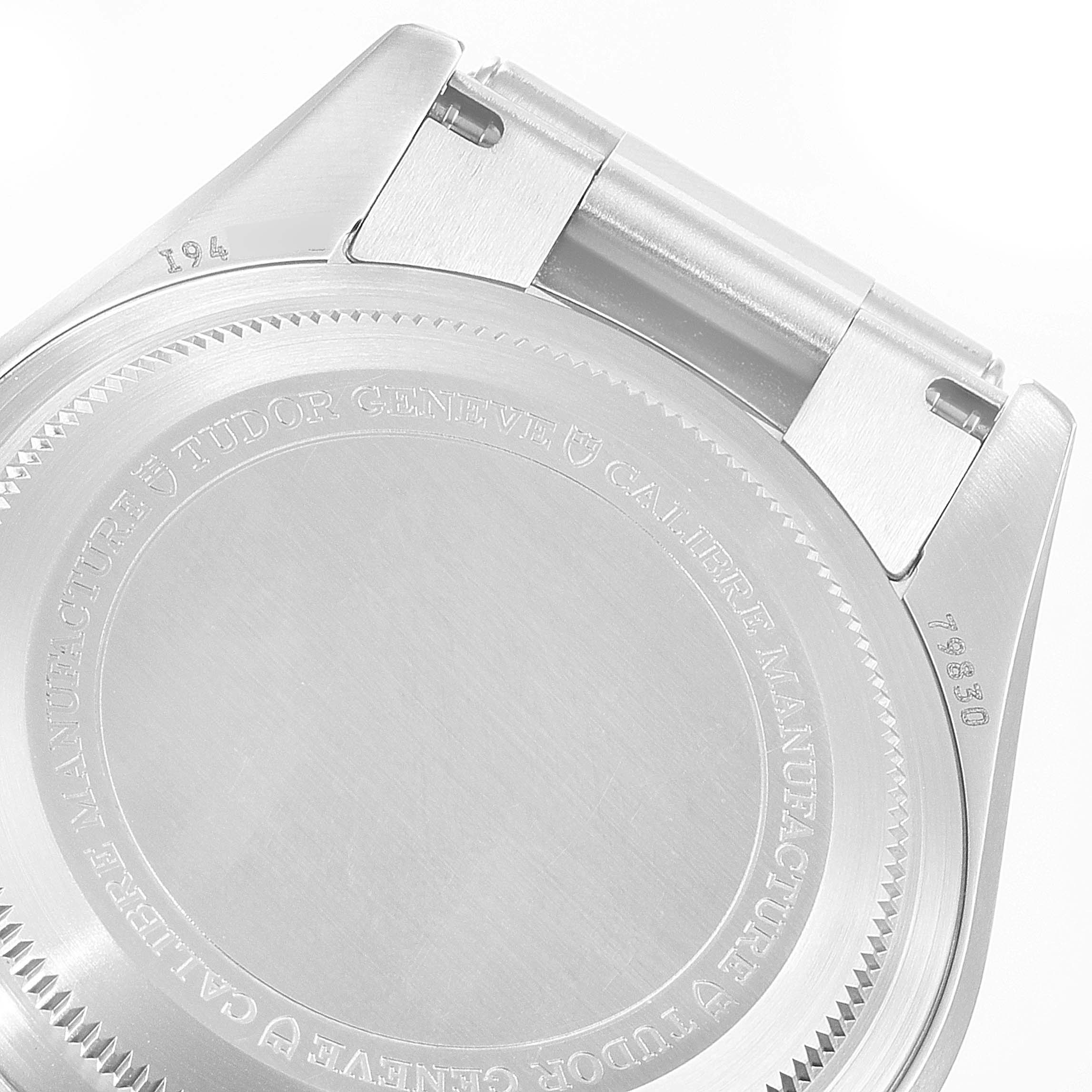 The image shows the back casing and lugs of a Tudor Heritage Black Bay 79830RB Men's Stainless Steel Black Dial 79830RB Men's Stainless Steel Black Dial watch.