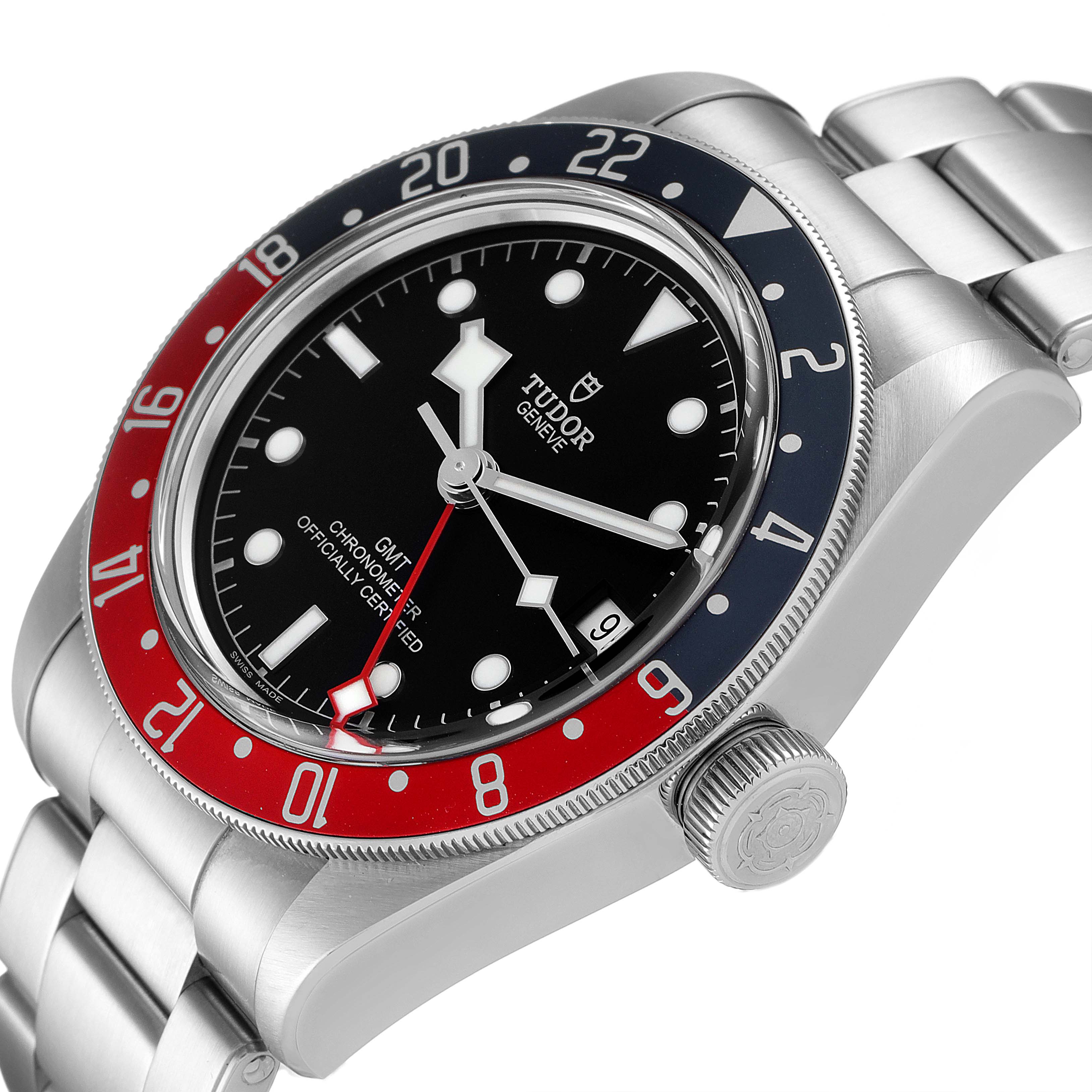 The image shows a close-up angled view of the Tudor Heritage Black Bay 79830RB Men's Stainless Steel Black Dial 79830RB Men's Stainless Steel Black Dial GMT watch highlighting its bezel, crown, and bracelet.