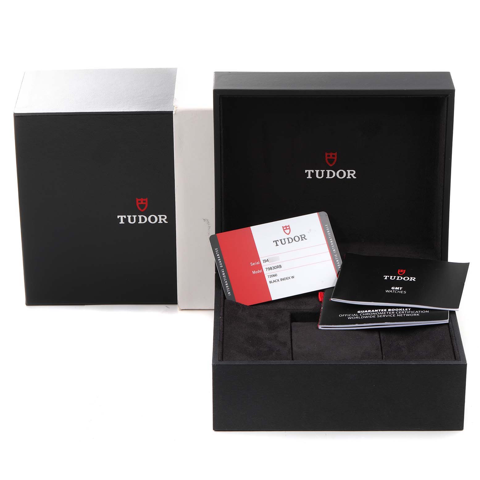 The image shows Tudor Heritage Black Bay 79830RB Men's Stainless Steel Black Dial 79830RB Men's Stainless Steel Black Dial packaging, including the box, warranty card, and manuals, from a front angle.