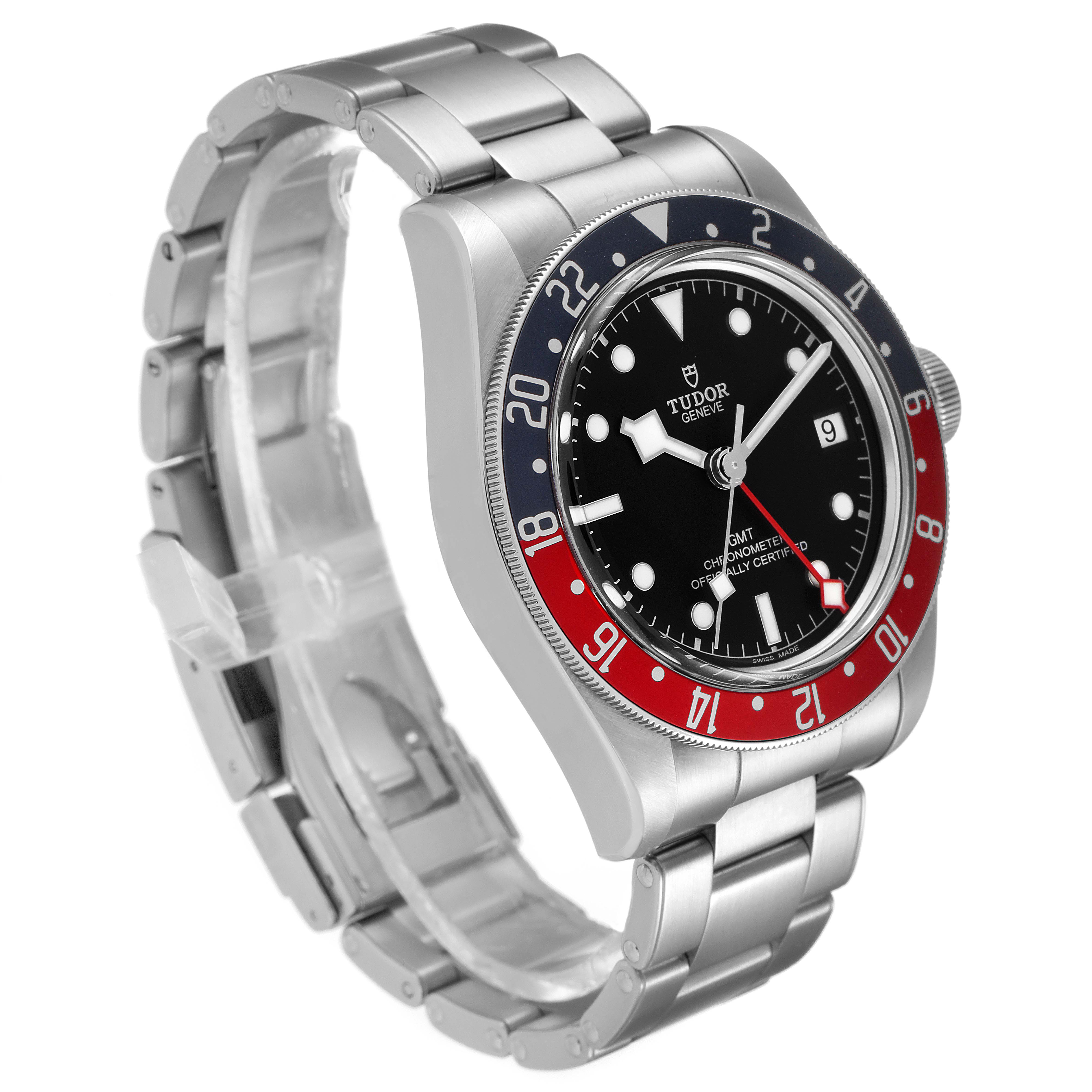 The image shows a side-angle view of a Tudor Heritage Black Bay 79830RB Men's Stainless Steel Black Dial 79830RB Men's Stainless Steel Black Dial watch, highlighting the face, bezel, and bracelet.