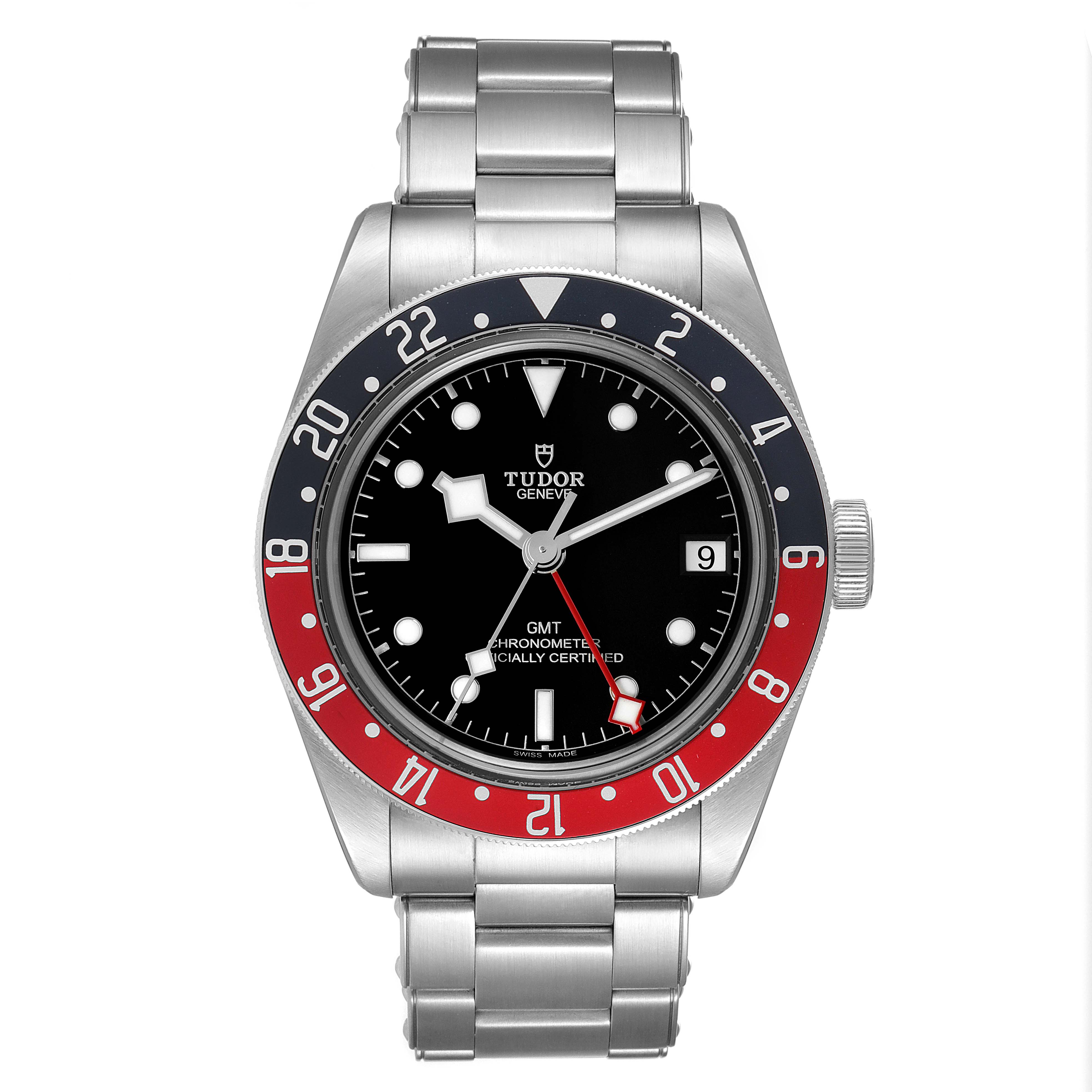 This is a front view of the Tudor Heritage Black Bay 79830RB Men's Stainless Steel Black Dial 79830RB Men's Stainless Steel Black Dial watch, showing the dial, bezel, and bracelet.