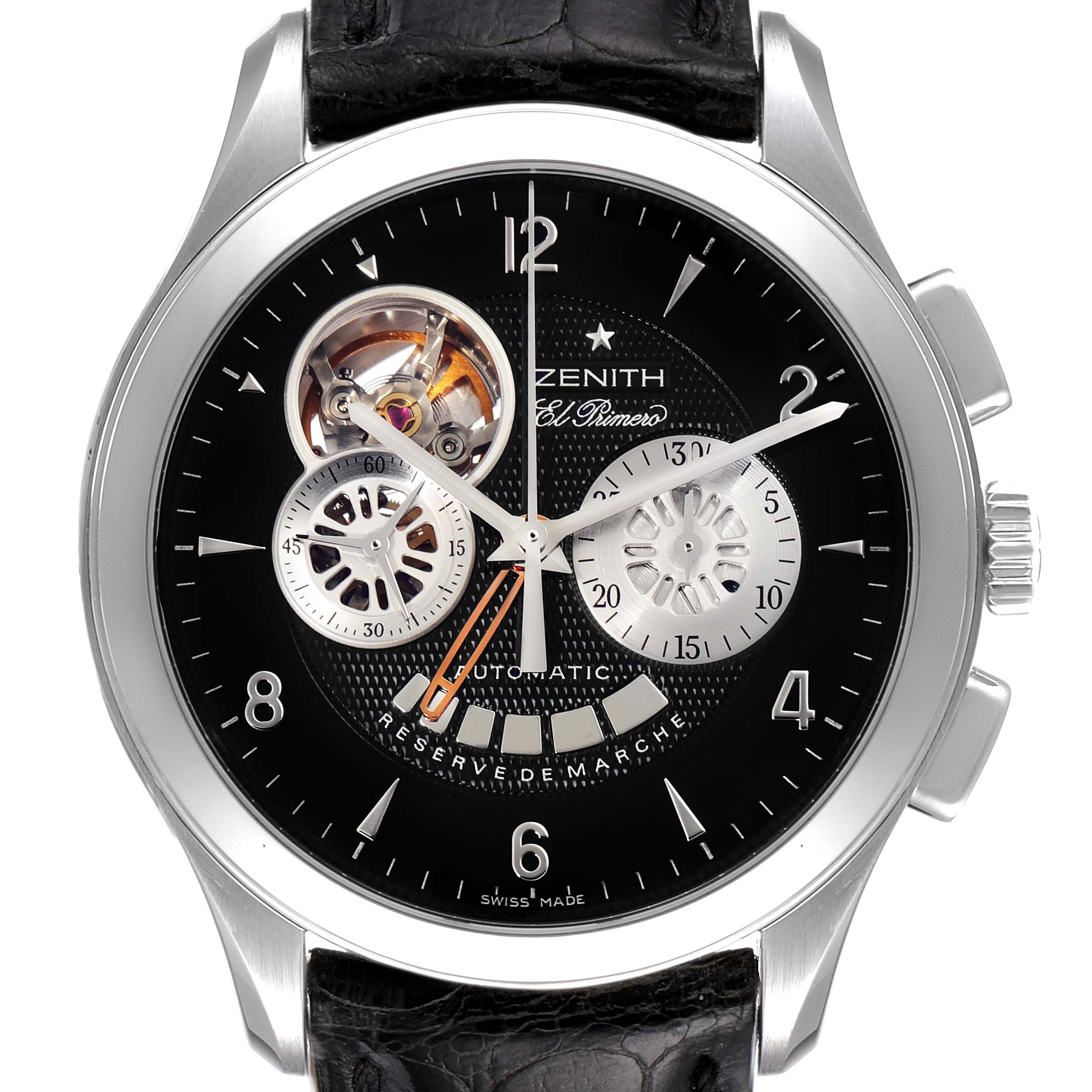 This close-up image shows the face of the Zenith El Primero 03.0510.4021/01.C492 Men's Stainless Steel Black Dial 03.0510.4021/01.C492 Men's Stainless Steel Black Dial watch, featuring a black dial with open-heart design and subdials.