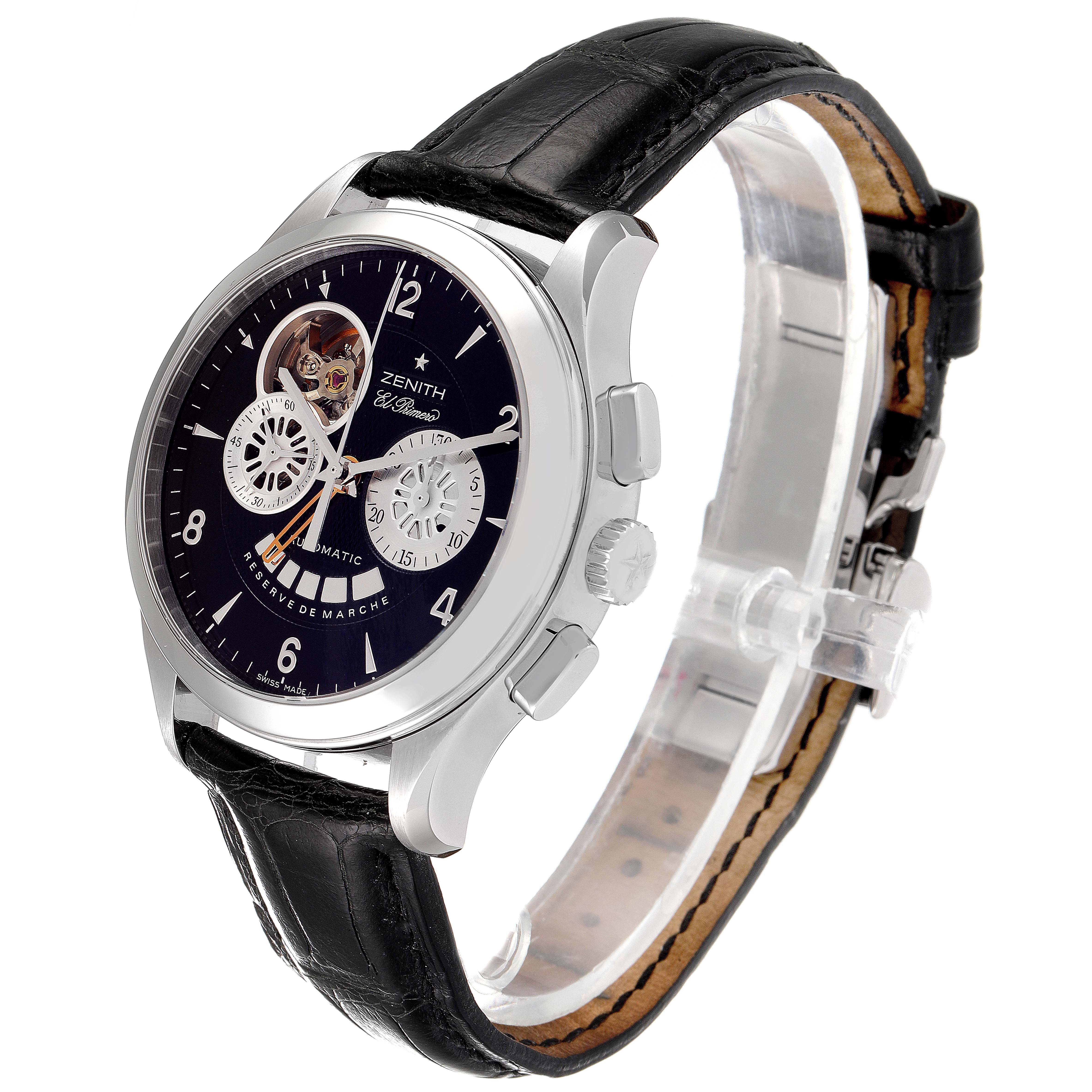 The image shows a Zenith El Primero 03.0510.4021/01.C492 Men's Stainless Steel Black Dial 03.0510.4021/01.C492 Men's Stainless Steel Black Dial watch from a three-quarter angle, highlighting its face, bezel, crown, and black leather strap.