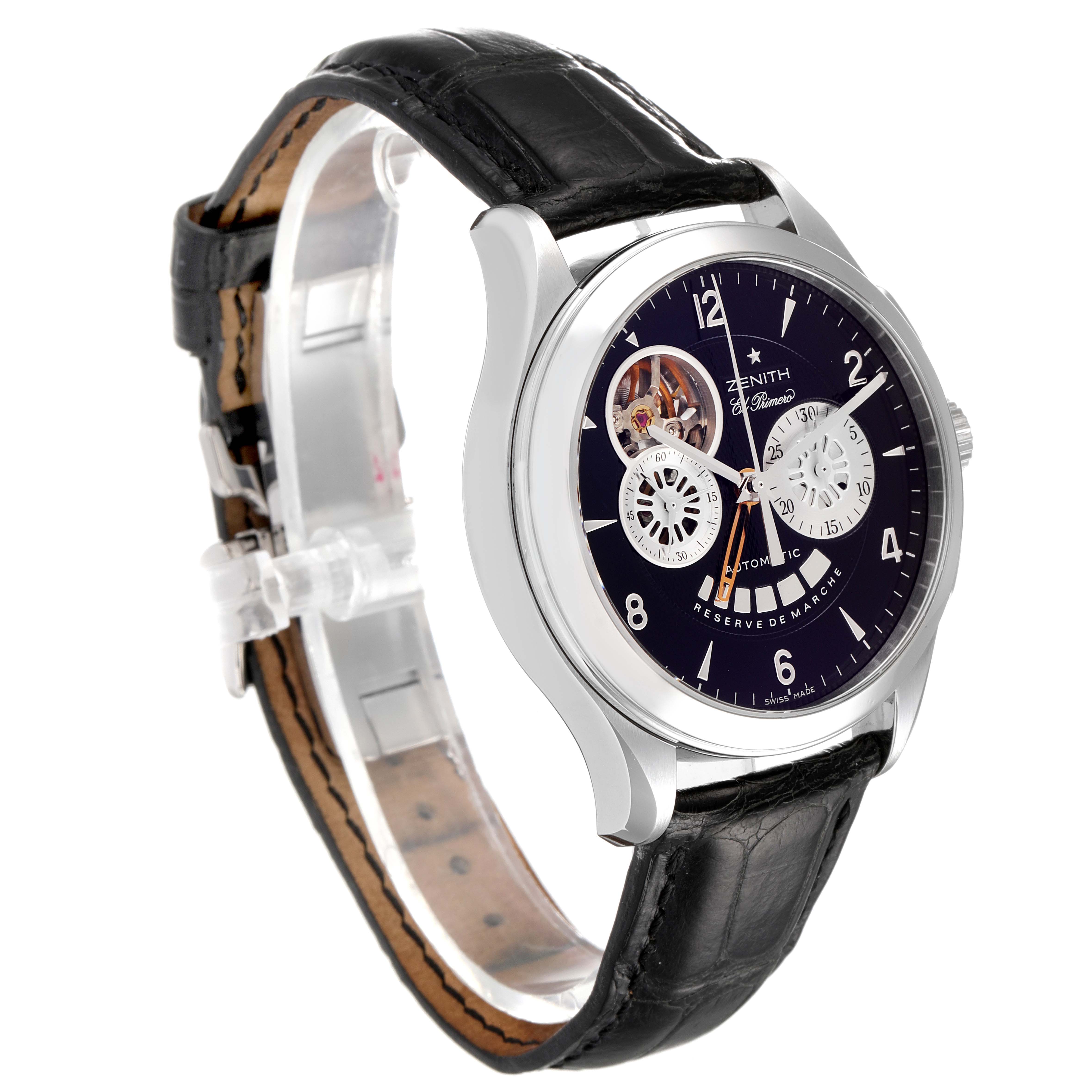 The Zenith El Primero 03.0510.4021/01.C492 Men's Stainless Steel Black Dial 03.0510.4021/01.C492 Men's Stainless Steel Black Dial watch is shown at an oblique angle displaying its face, leather strap, and partially visible side crown.