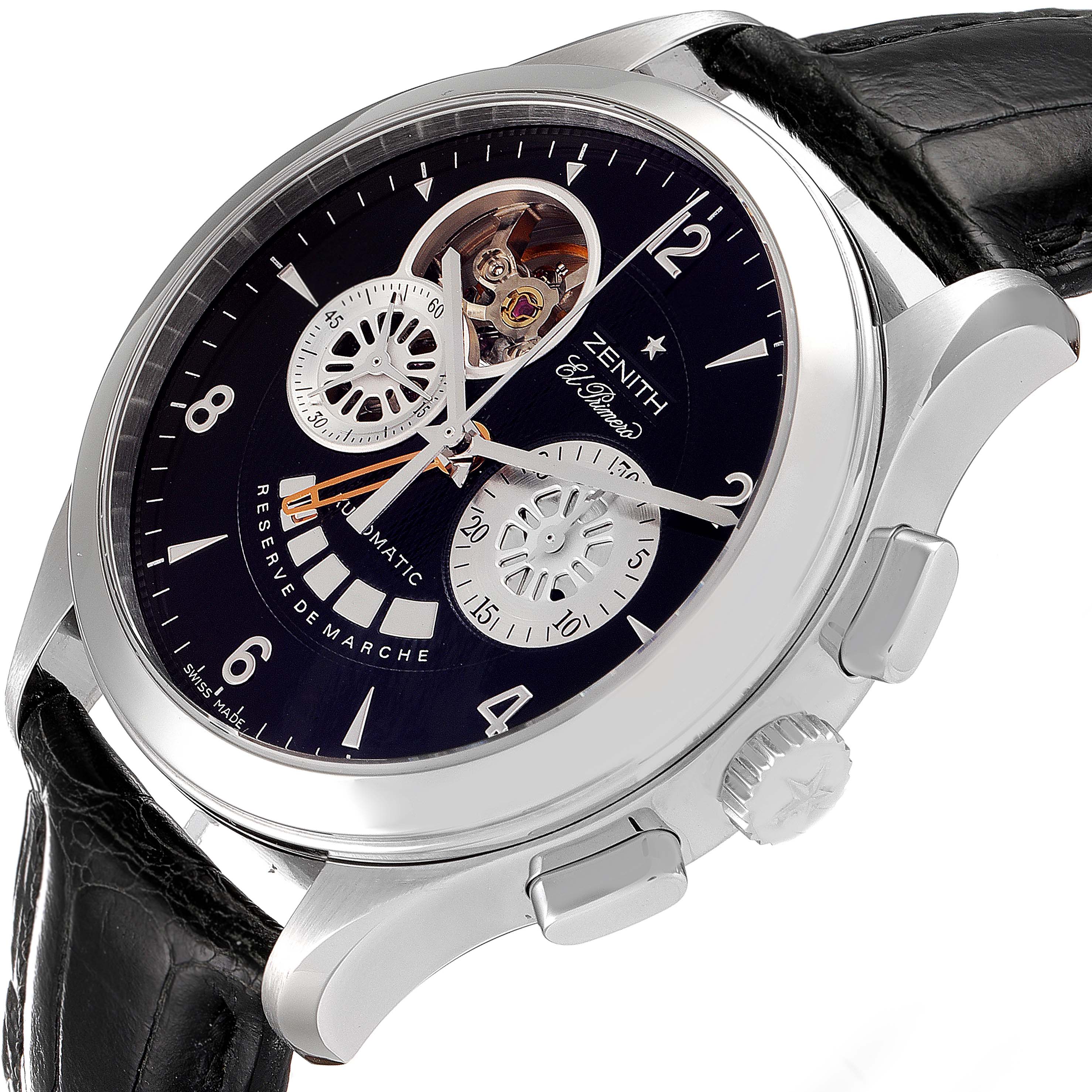 The image shows a Zenith El Primero 03.0510.4021/01.C492 Men's Stainless Steel Black Dial 03.0510.4021/01.C492 Men's Stainless Steel Black Dial watch at a three-quarter angle, highlighting the dial, sub-dials, crown, and part of the strap.