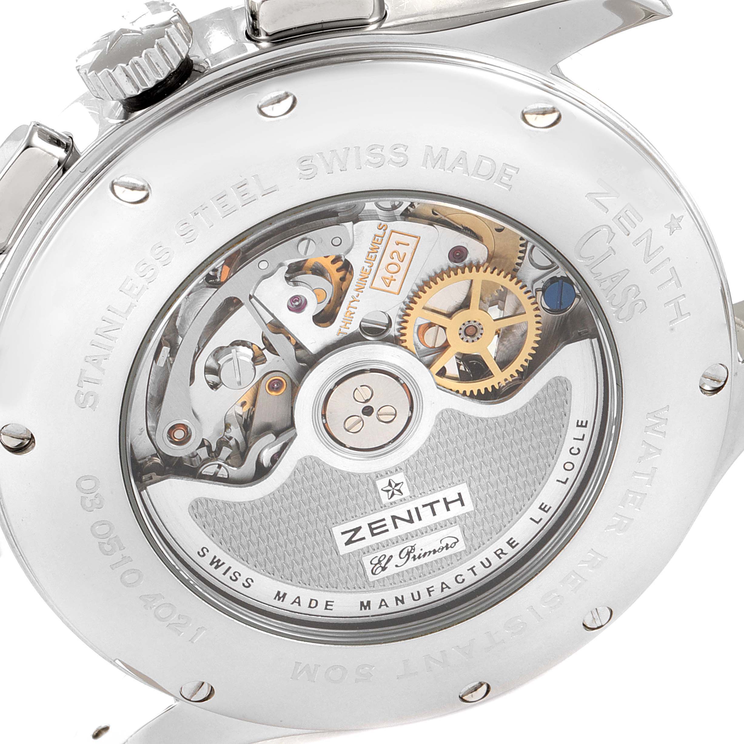 The image shows the back view of a Zenith El Primero 03.0510.4021/01.C492 Men's Stainless Steel Black Dial 03.0510.4021/01.C492 Men's Stainless Steel Black Dial watch, revealing its intricate movement and internal components.