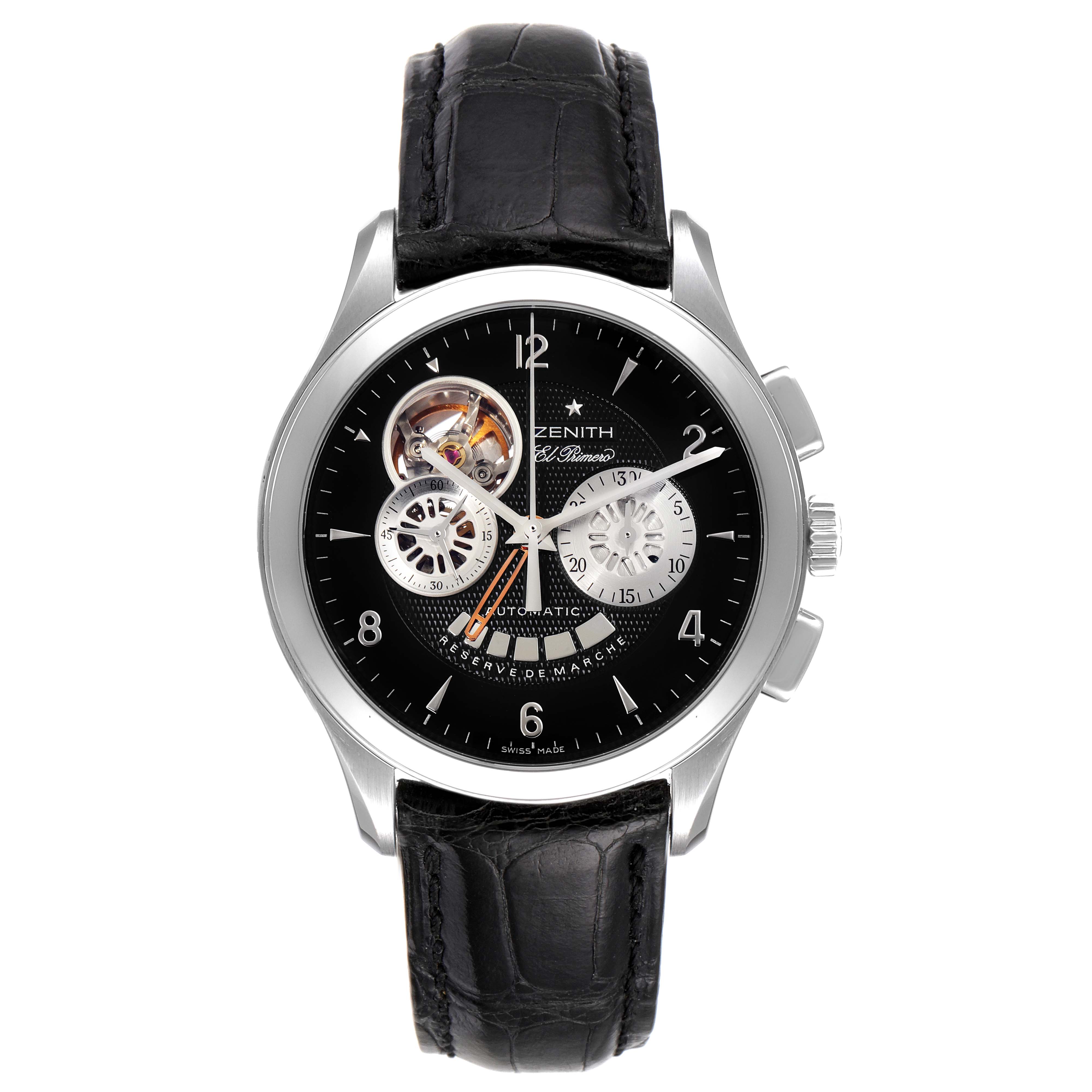 The Zenith El Primero 03.0510.4021/01.C492 Men's Stainless Steel Black Dial 03.0510.4021/01.C492 Men's Stainless Steel Black Dial watch is shown from a front angle, displaying its black dial, subdials, and leather strap.