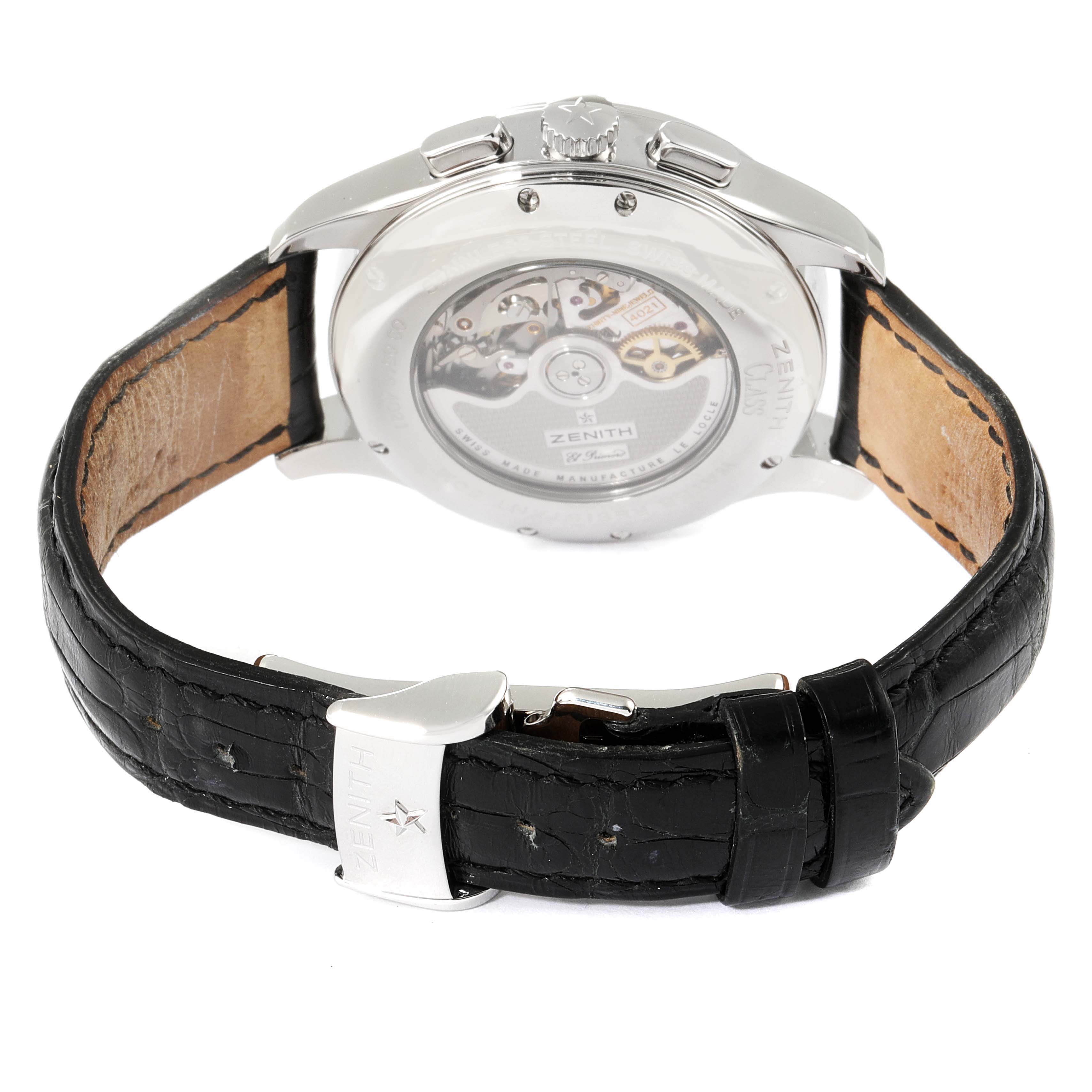 This image shows the back view of the Zenith El Primero 03.0510.4021/01.C492 Men's Stainless Steel Black Dial 03.0510.4021/01.C492 Men's Stainless Steel Black Dial watch, highlighting its transparent case back and black leather strap.