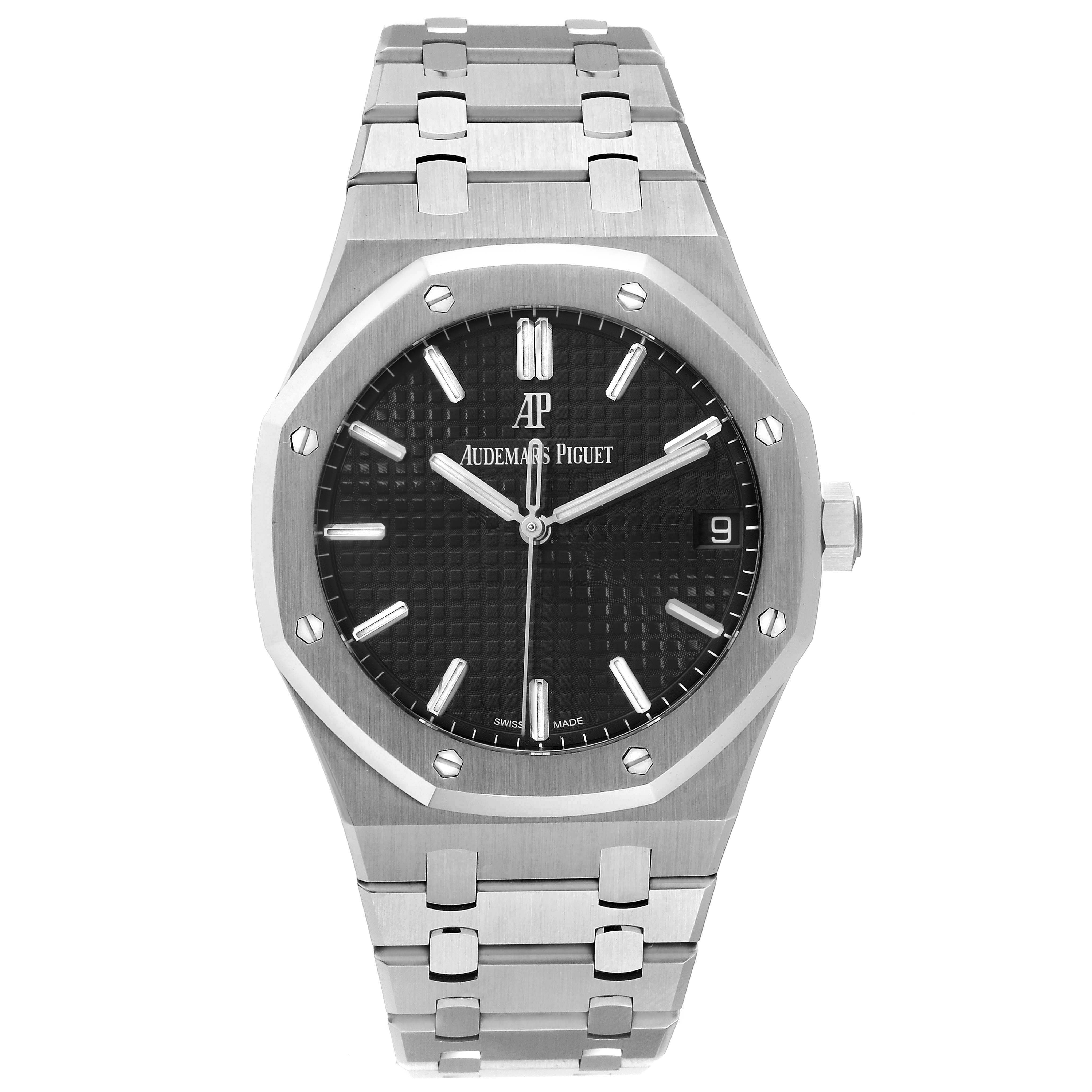The image shows a front view of the Audemars Piguet Royal Oak 15500ST.OO.1220ST.03 Men's Stainless Steel Black Dial 15500ST.OO.1220ST.03 Men's Stainless Steel Black Dial watch, displaying its dial, bezel, and bracelet.