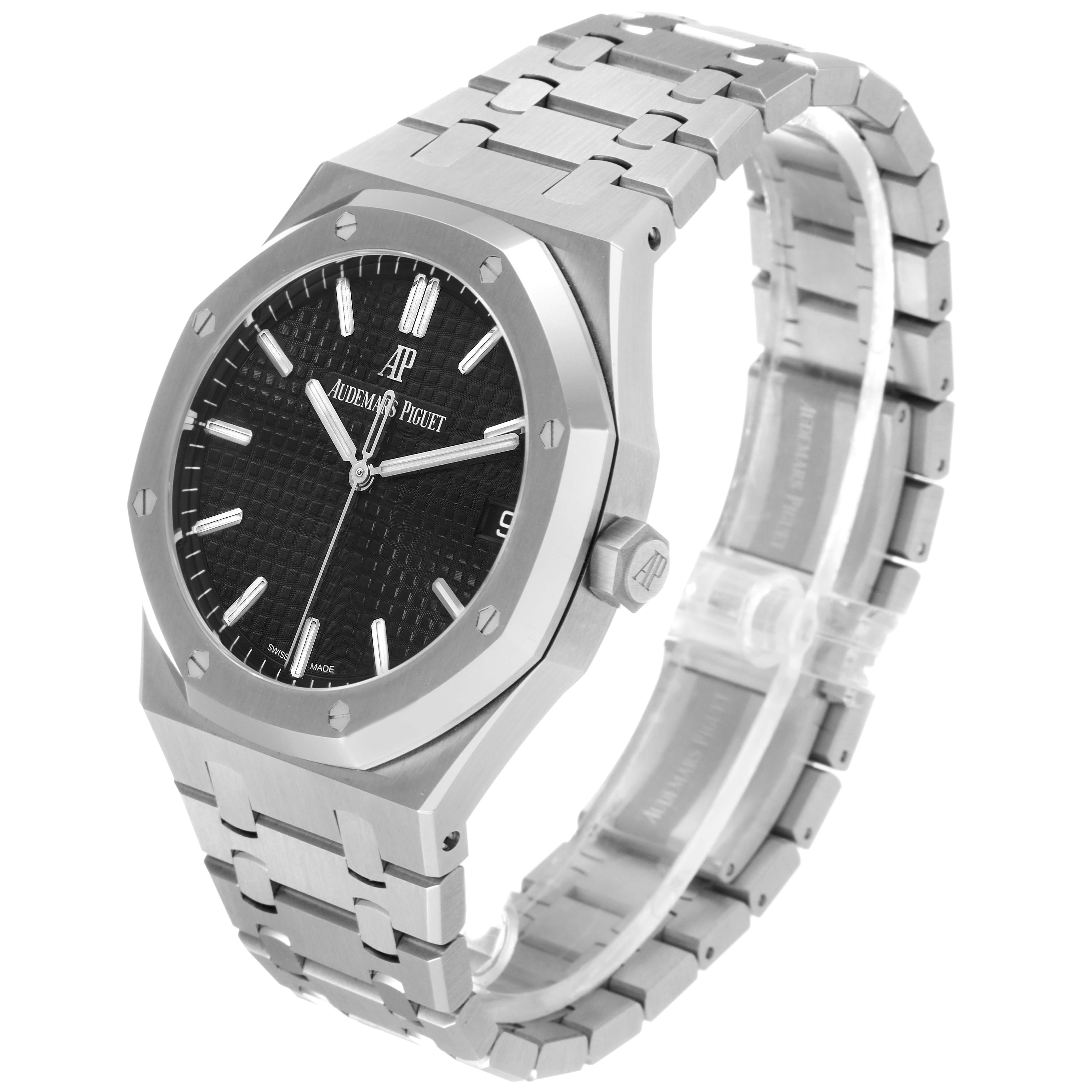 The image shows a side-front angle of the Audemars Piguet Royal Oak 15500ST.OO.1220ST.03 Men's Stainless Steel Black Dial 15500ST.OO.1220ST.03 Men's Stainless Steel Black Dial watch, highlighting its bezel, dial, and stainless steel bracelet.