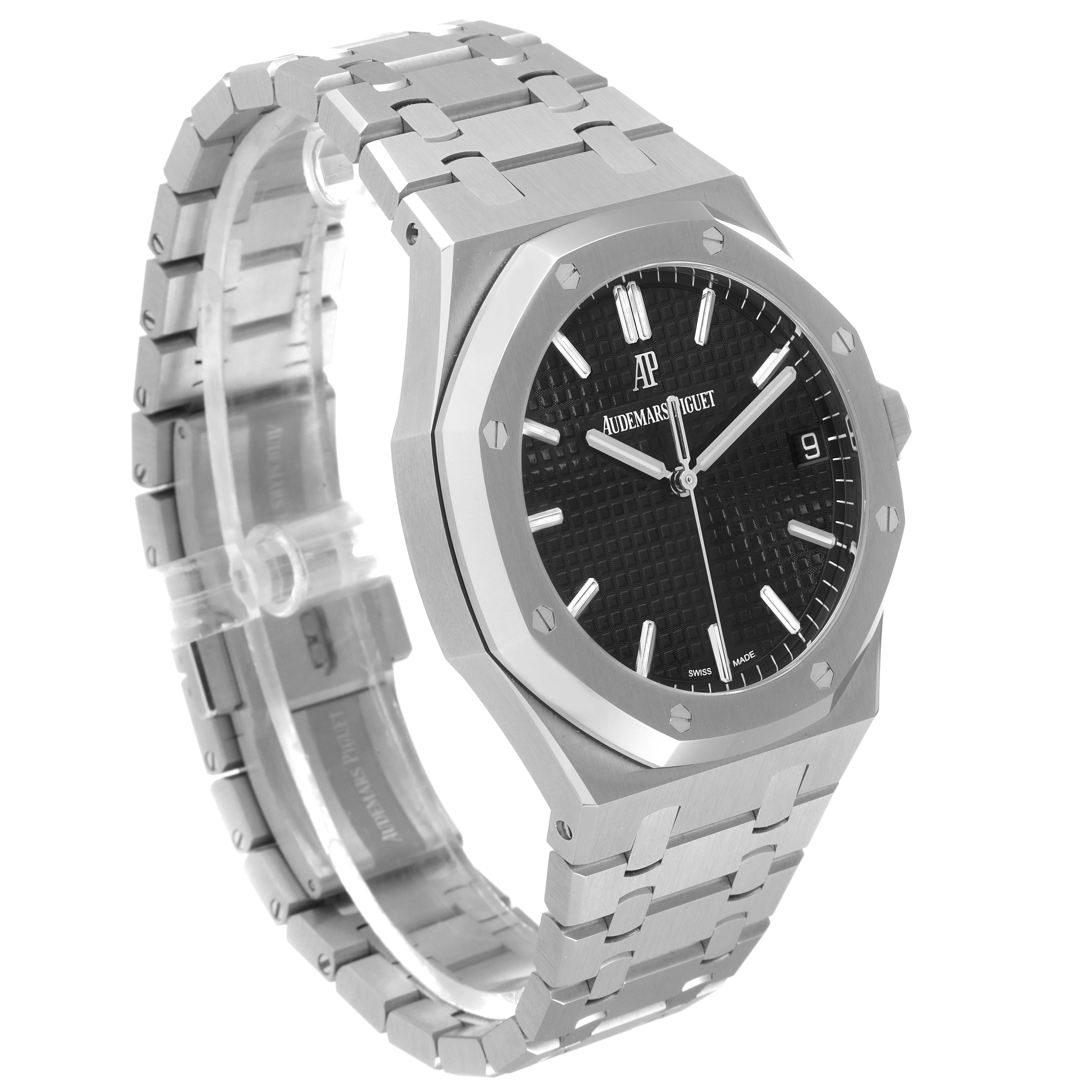 The image shows a front three-quarter view of the Audemars Piguet Royal Oak 15500ST.OO.1220ST.03 Men's Stainless Steel Black Dial 15500ST.OO.1220ST.03 Men's Stainless Steel Black Dial watch, highlighting the face, bezel, and bracelet.