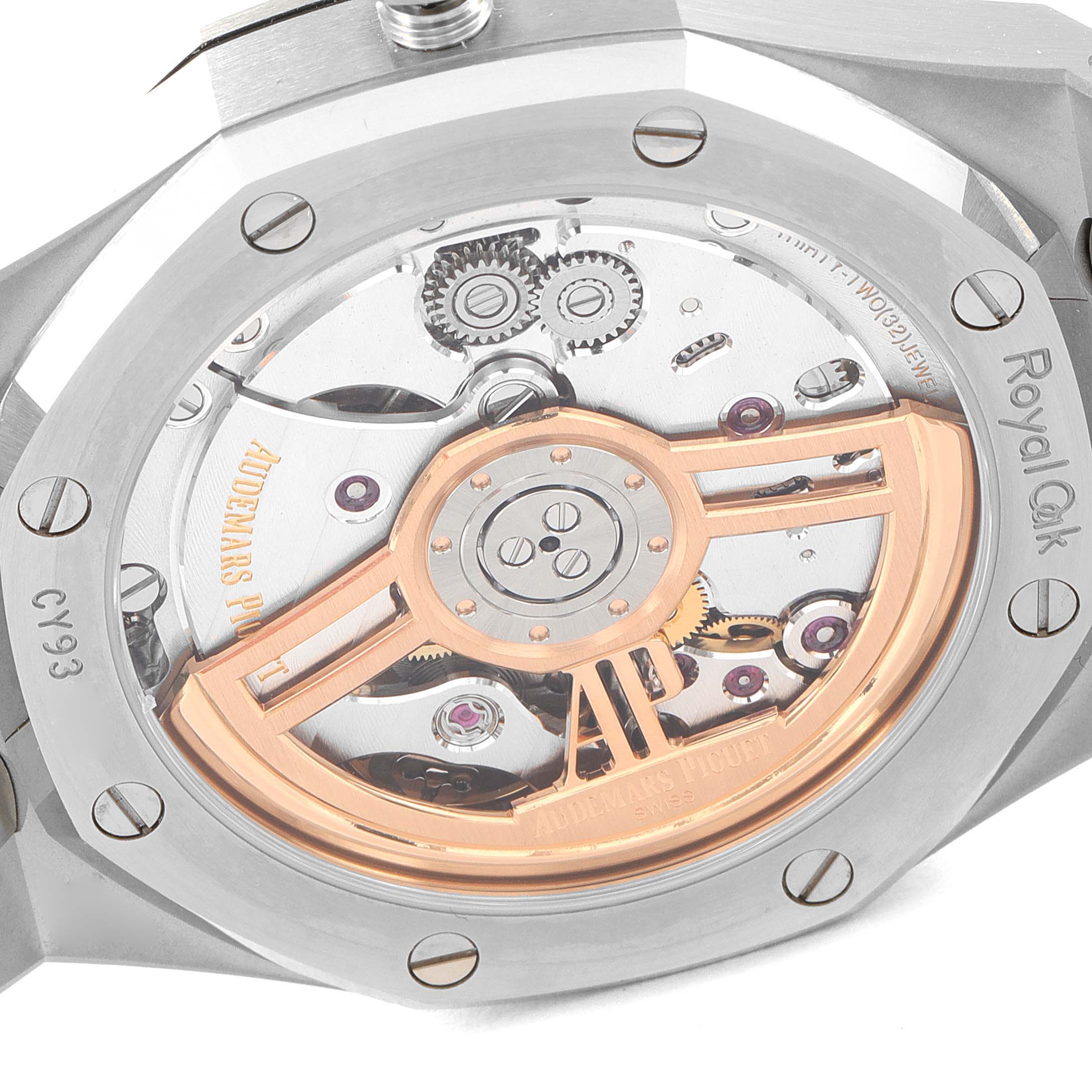 The image shows a close-up view of the Audemars Piguet Royal Oak 15500ST.OO.1220ST.03 Men's Stainless Steel Black Dial 15500ST.OO.1220ST.03 Men's Stainless Steel Black Dial model's case back and movement components.