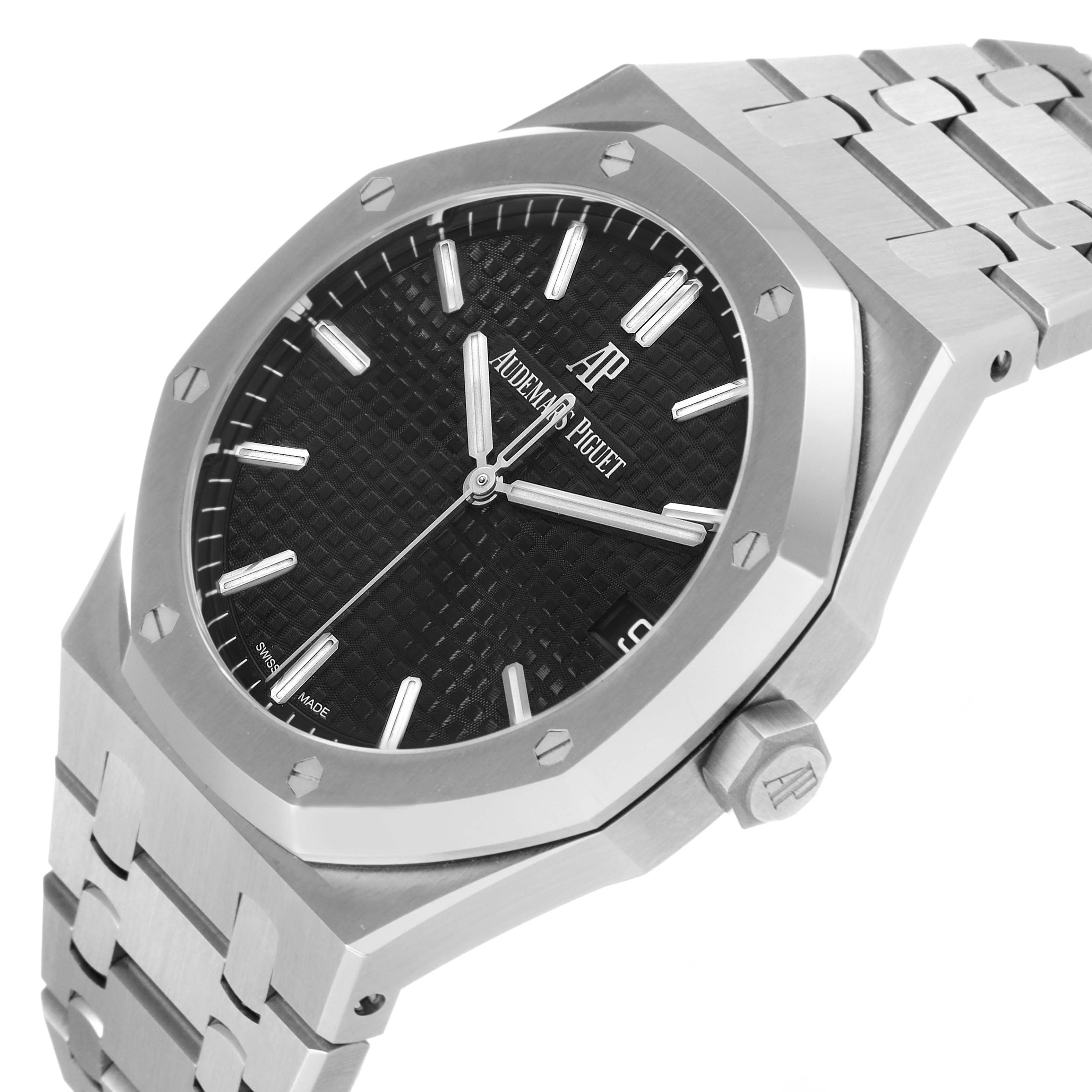 The image shows a close-up of the face and bracelet of a Royal Oak model by Audemars Piguet, highlighting its octagonal bezel.