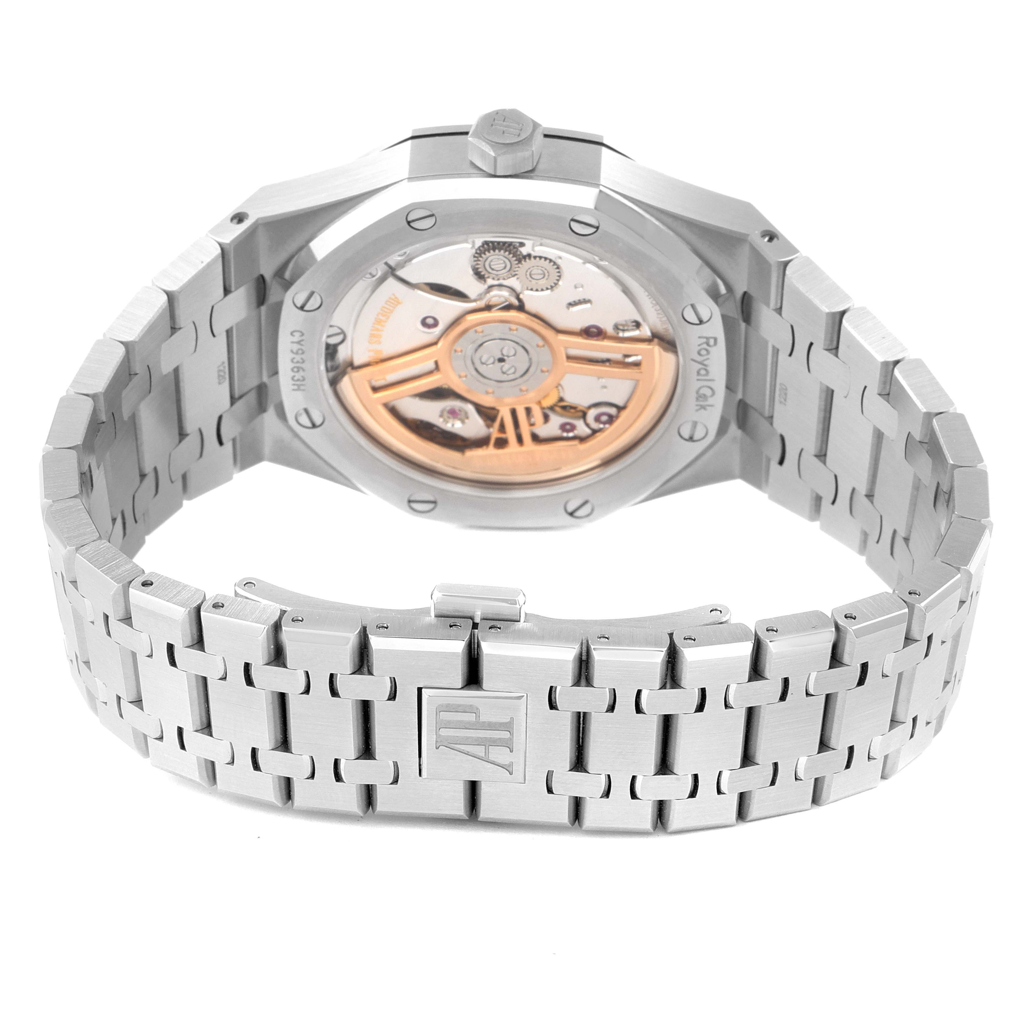 This image shows the back view of an Audemars Piguet Royal Oak 15500ST.OO.1220ST.03 Men's Stainless Steel Black Dial 15500ST.OO.1220ST.03 Men's Stainless Steel Black Dial watch, highlighting its case back and bracelet.