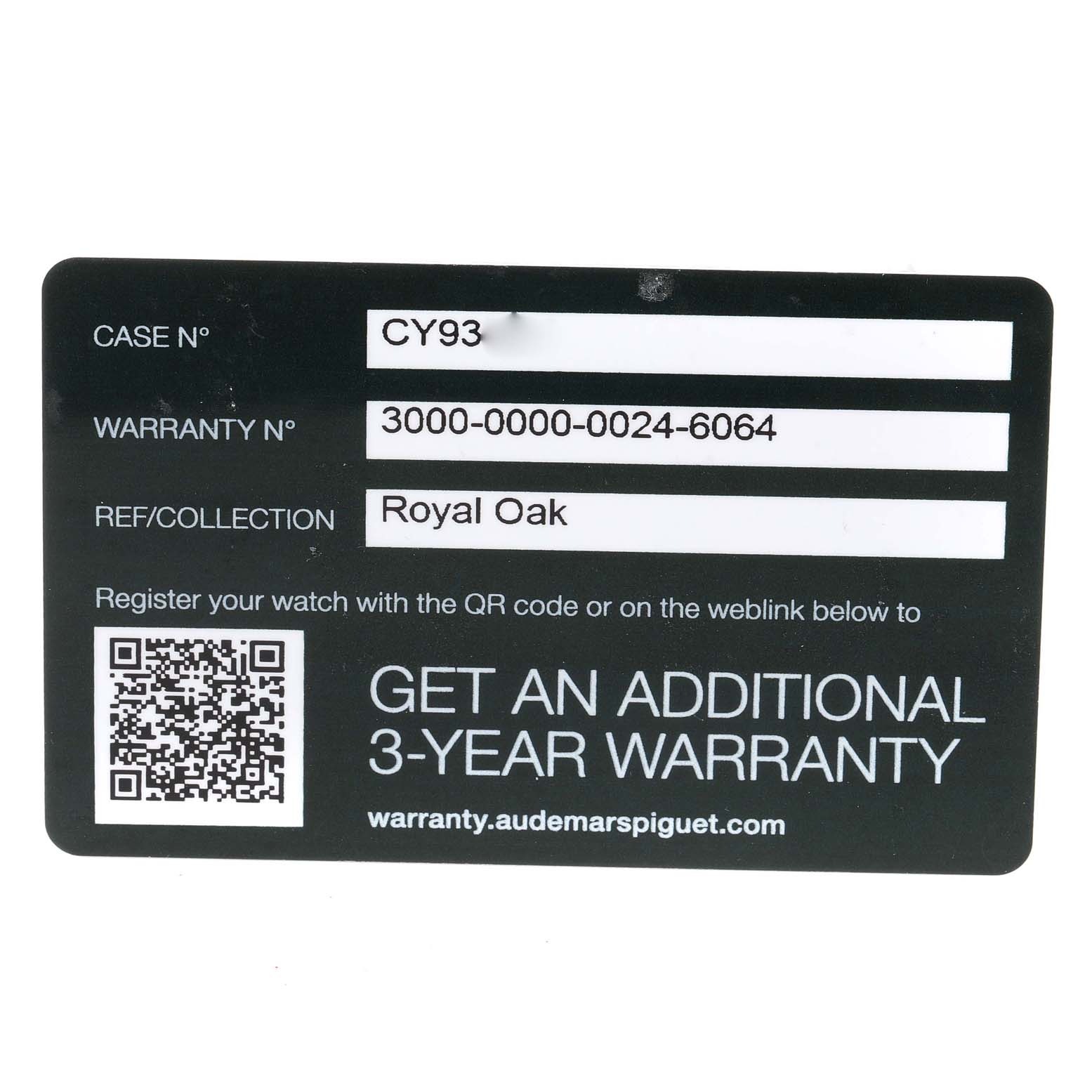 This image shows the warranty card for an Audemars Piguet Royal Oak 15500ST.OO.1220ST.03 Men's Stainless Steel Black Dial 15500ST.OO.1220ST.03 Men's Stainless Steel Black Dial watch.