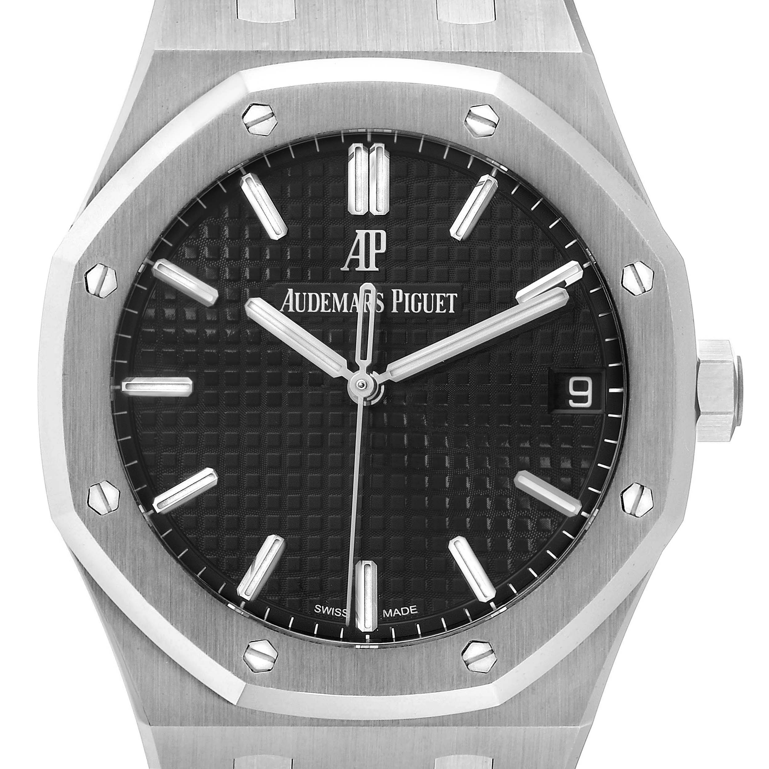 This image shows a close-up, frontal view of the Audemars Piguet Royal Oak 15500ST.OO.1220ST.03 Men's Stainless Steel Black Dial 15500ST.OO.1220ST.03 Men's Stainless Steel Black Dial watch, highlighting its face, bezel, and crown.