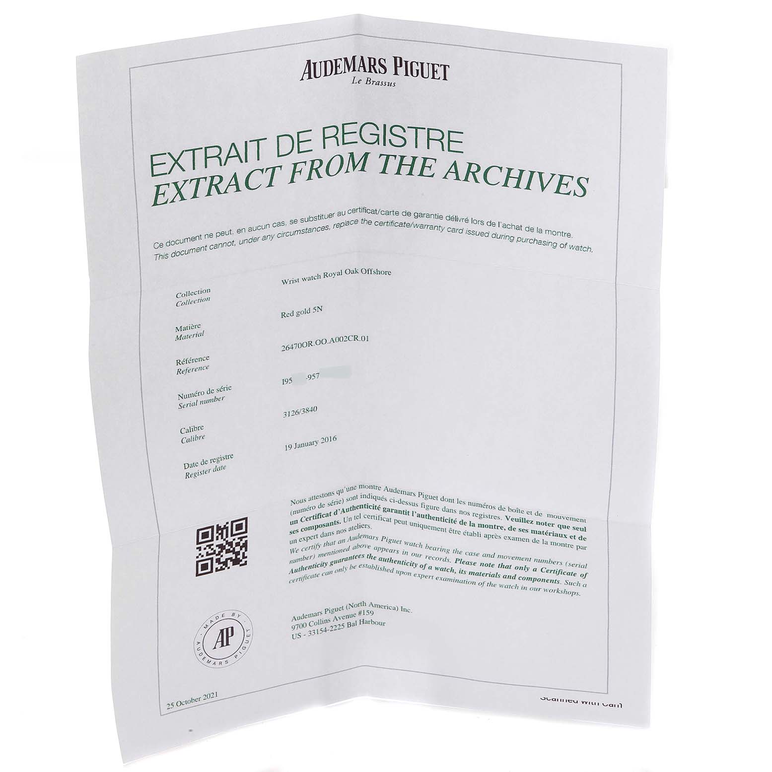 The image shows an official document titled "Extract From The Archives" for the Audemars Piguet Royal Oak Offshore 26470OR.OO.A002CR.01 Men's Rose Gold Pink Dial 26470OR.OO.A002CR.01 Men's Rose Gold Pink Dial model.