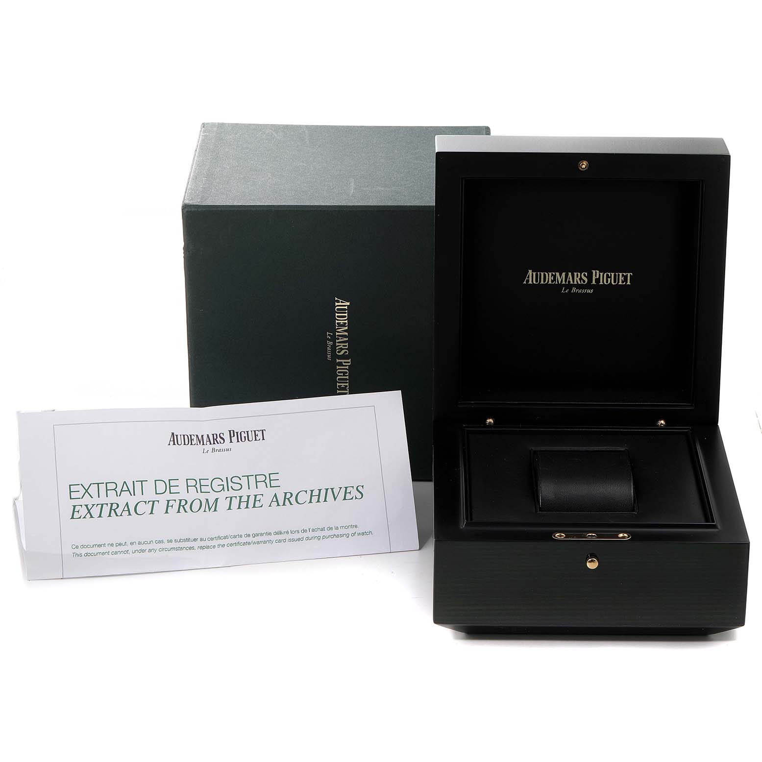 The image shows a display box and certificate for an Audemars Piguet Royal Oak Offshore 26470OR.OO.A002CR.01 Men's Rose Gold Pink Dial 26470OR.OO.A002CR.01 Men's Rose Gold Pink Dial watch.