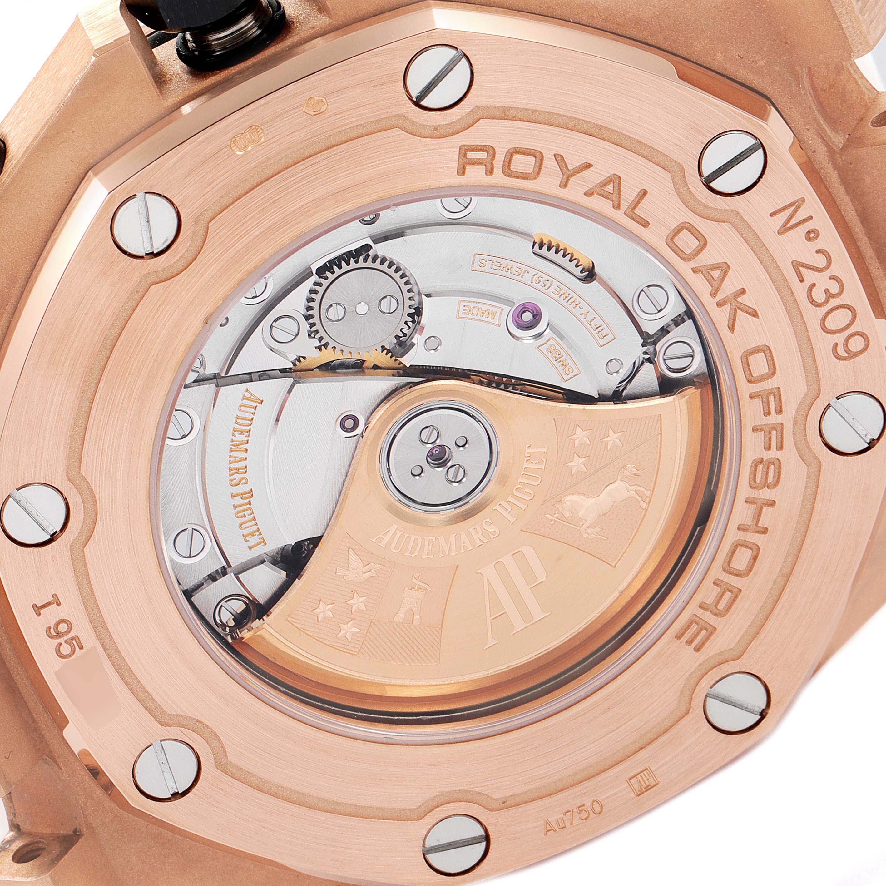 This image shows the case back of an Audemars Piguet Royal Oak Offshore 26470OR.OO.A002CR.01 Men's Rose Gold Pink Dial 26470OR.OO.A002CR.01 Men's Rose Gold Pink Dial, highlighting its movement and engraving details.