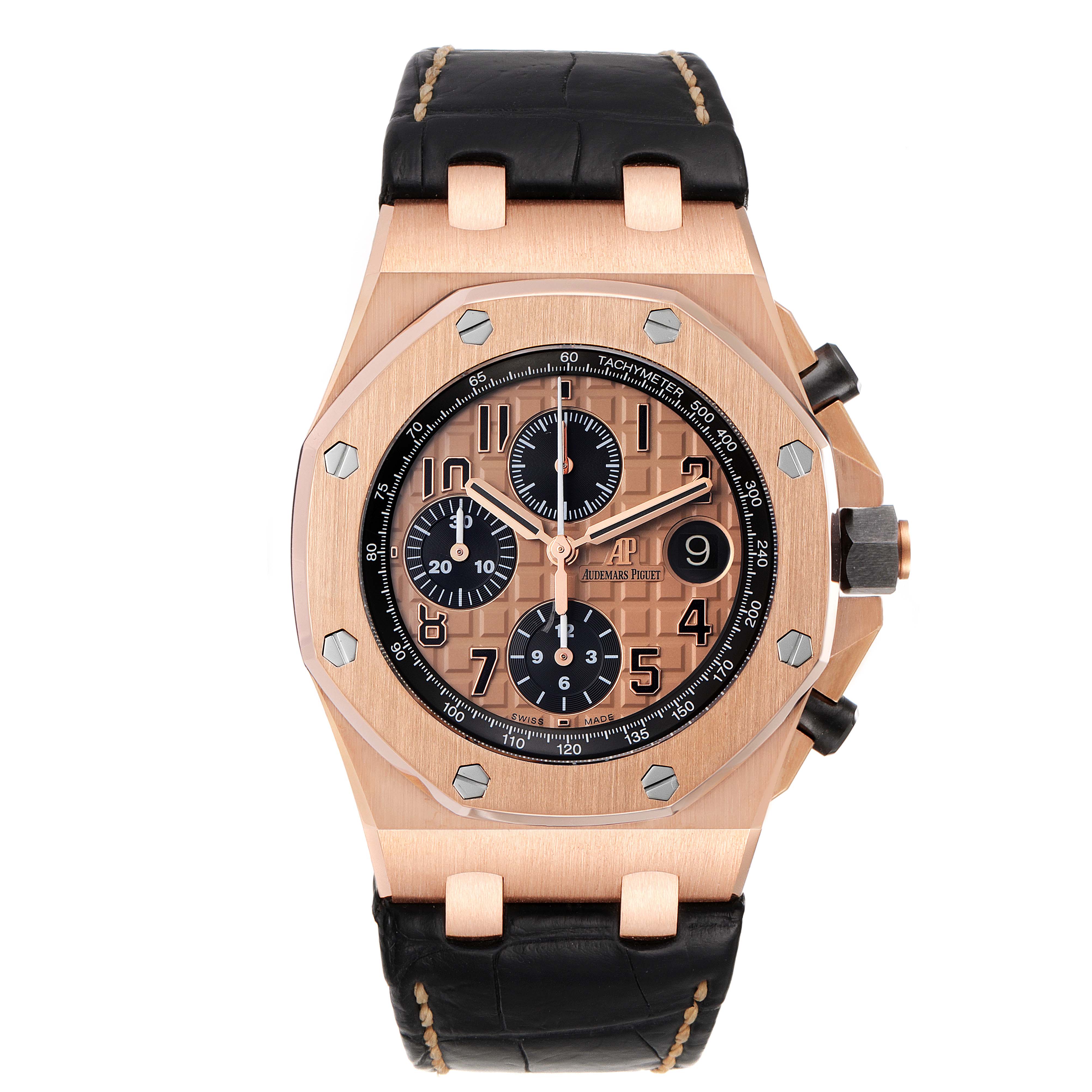 The image shows a front view of the Audemars Piguet Royal Oak Offshore 26470OR.OO.A002CR.01 Men's Rose Gold Pink Dial 26470OR.OO.A002CR.01 Men's Rose Gold Pink Dial, highlighting its face, bezel, and leather strap.