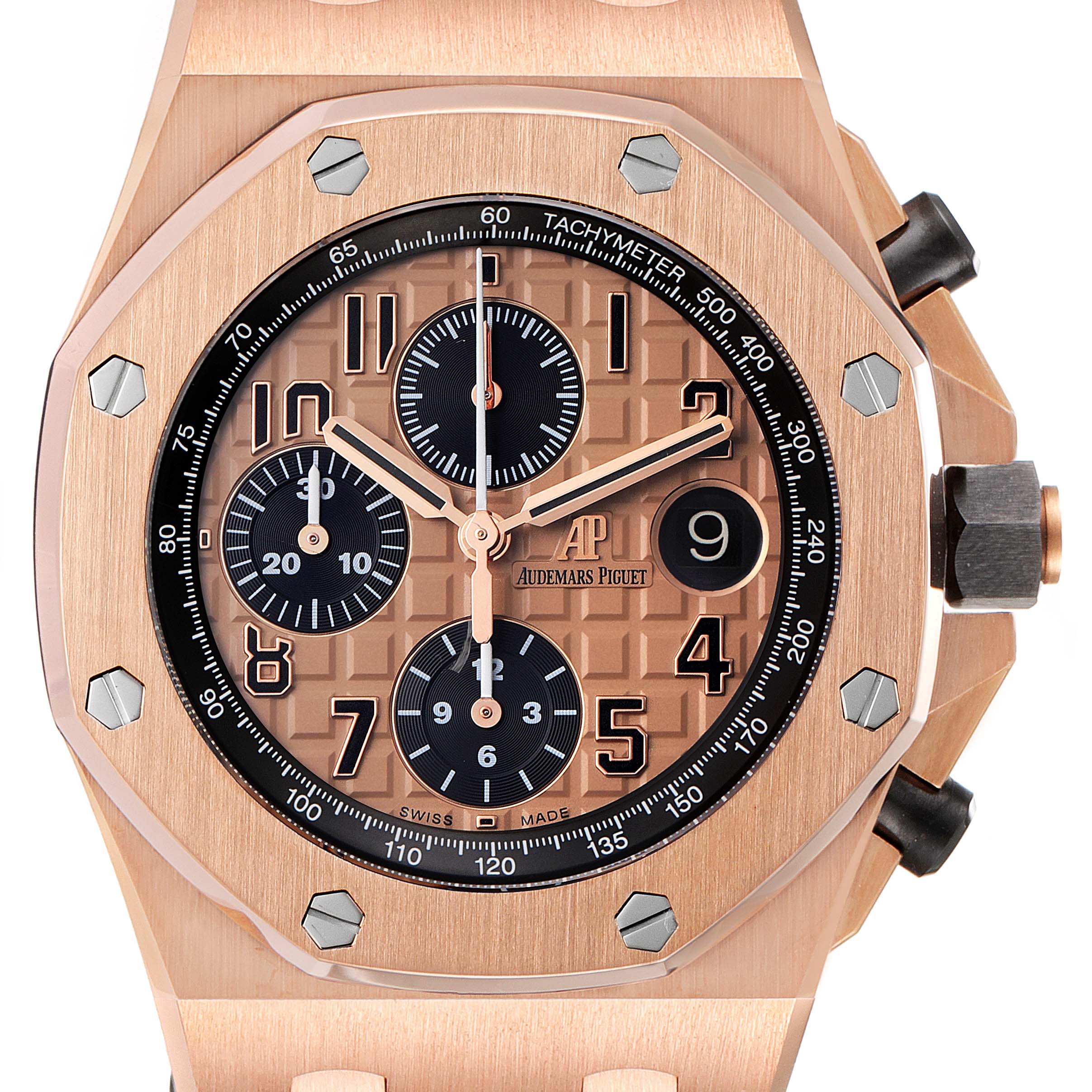 This image displays the dial, bezel, and pushers of an Audemars Piguet Royal Oak Offshore 26470OR.OO.A002CR.01 Men's Rose Gold Pink Dial 26470OR.OO.A002CR.01 Men's Rose Gold Pink Dial watch, focused on the watch face.
