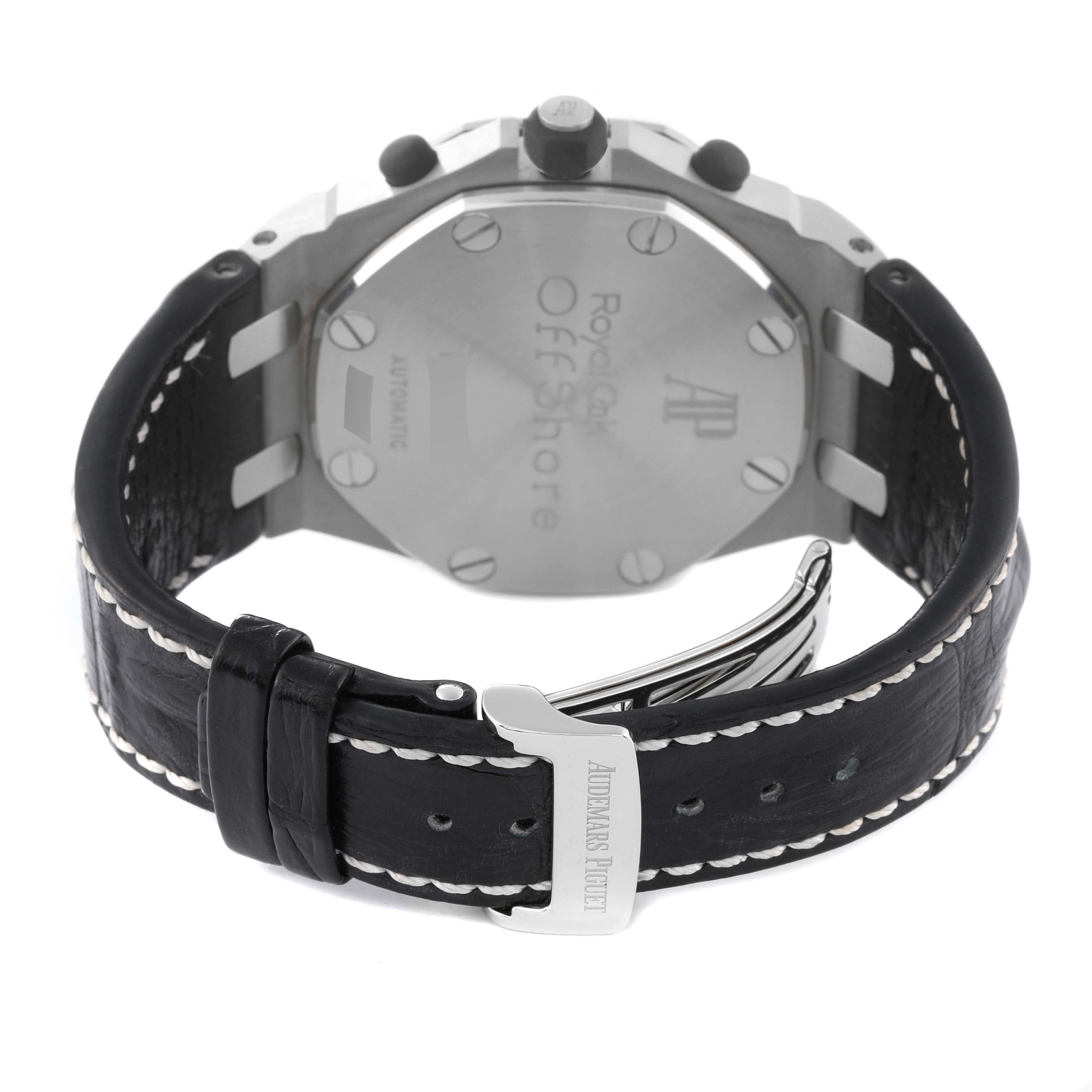 The image shows the back case and leather strap with buckle of a Royal Oak Offshore model by Audemars Piguet.