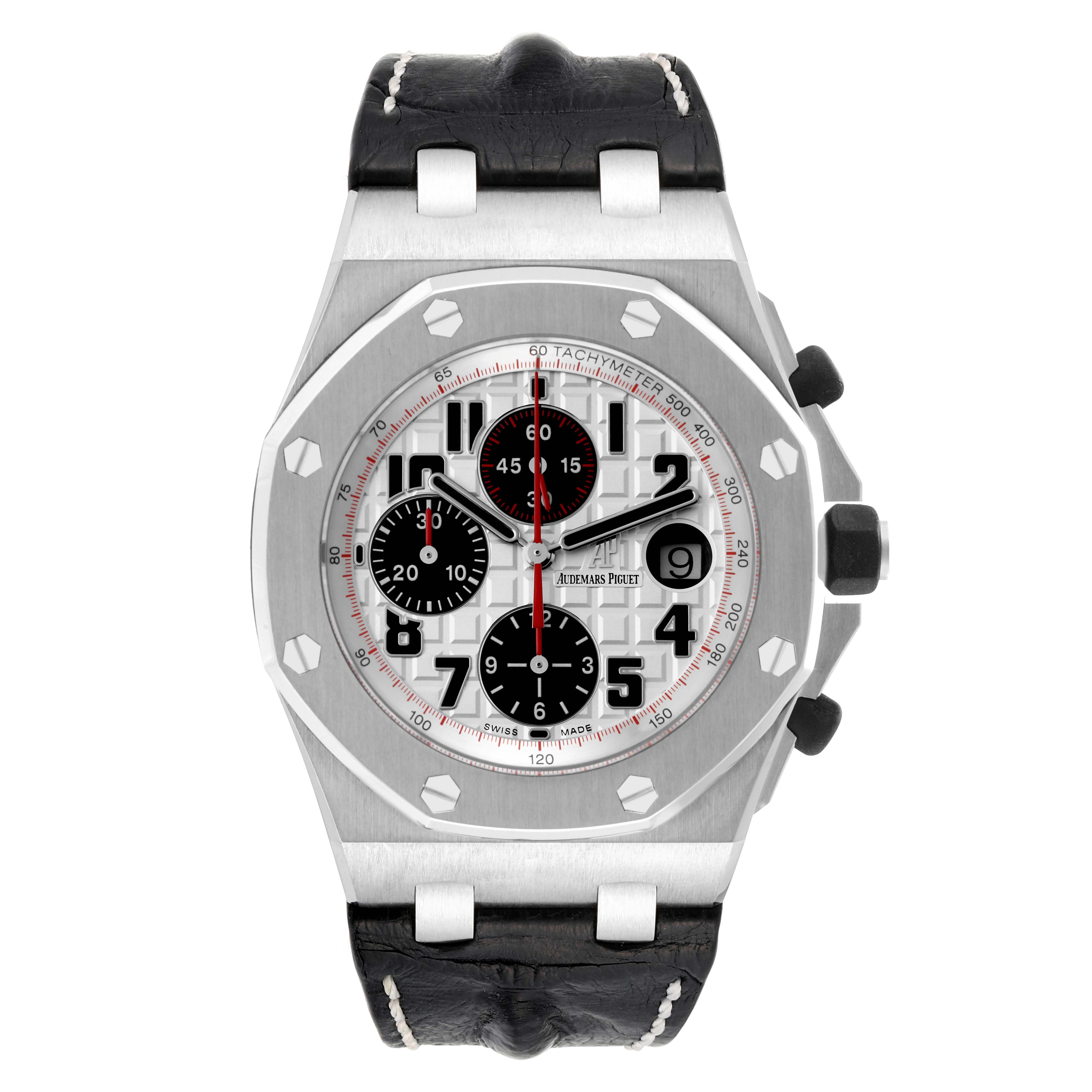 The Audemars Piguet Royal Oak Offshore 26170ST.OO.D101CR.02 Men's Stainless Steel Silver Dial 26170ST.OO.D101CR.02 Men's Stainless Steel Silver Dial watch is shown from the front, displaying its face, dials, bezel, and strap.