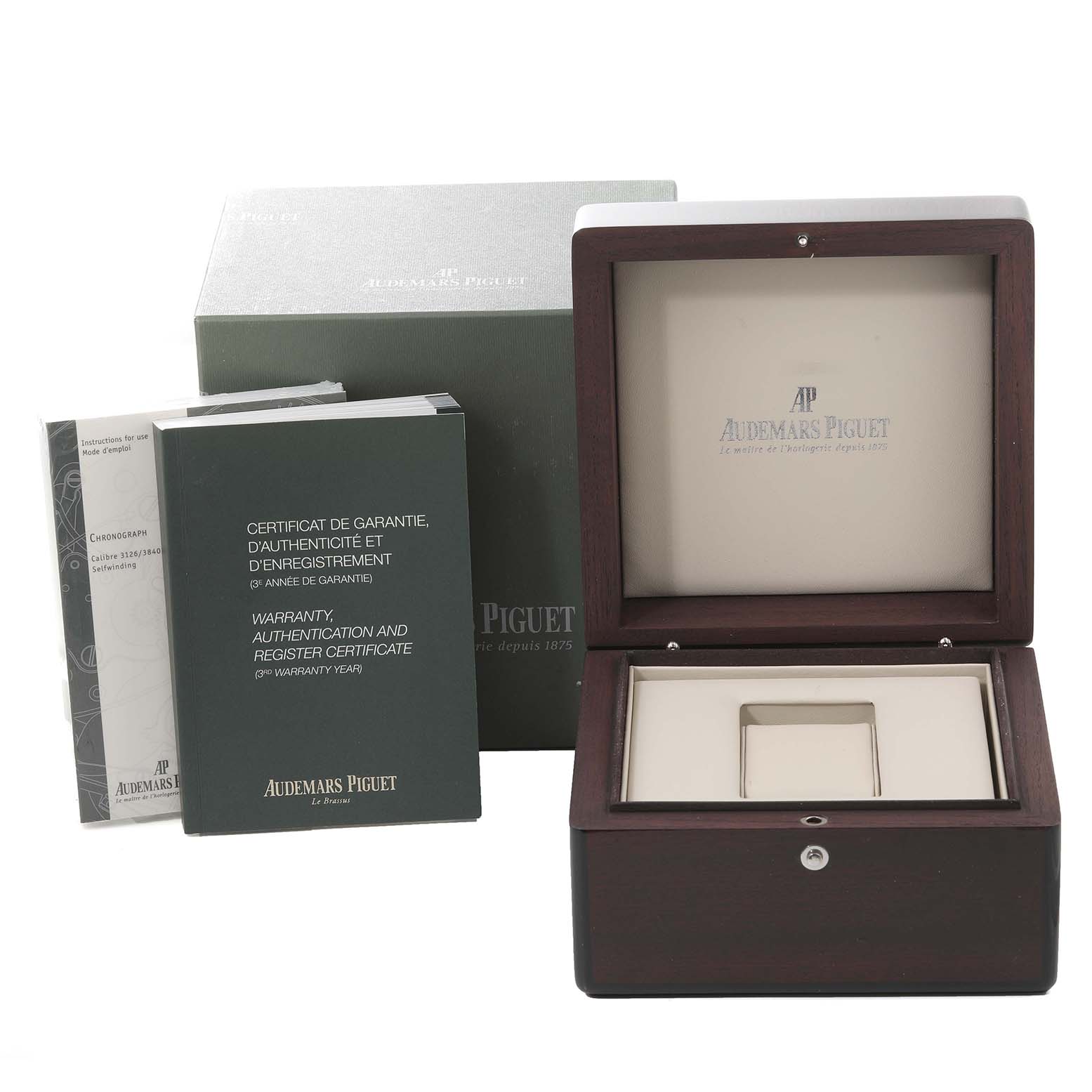 The image shows the packaging, warranty certificates, and a wooden box for the Audemars Piguet Royal Oak Offshore 26170ST.OO.D101CR.02 Men's Stainless Steel Silver Dial 26170ST.OO.D101CR.02 Men's Stainless Steel Silver Dial watch.