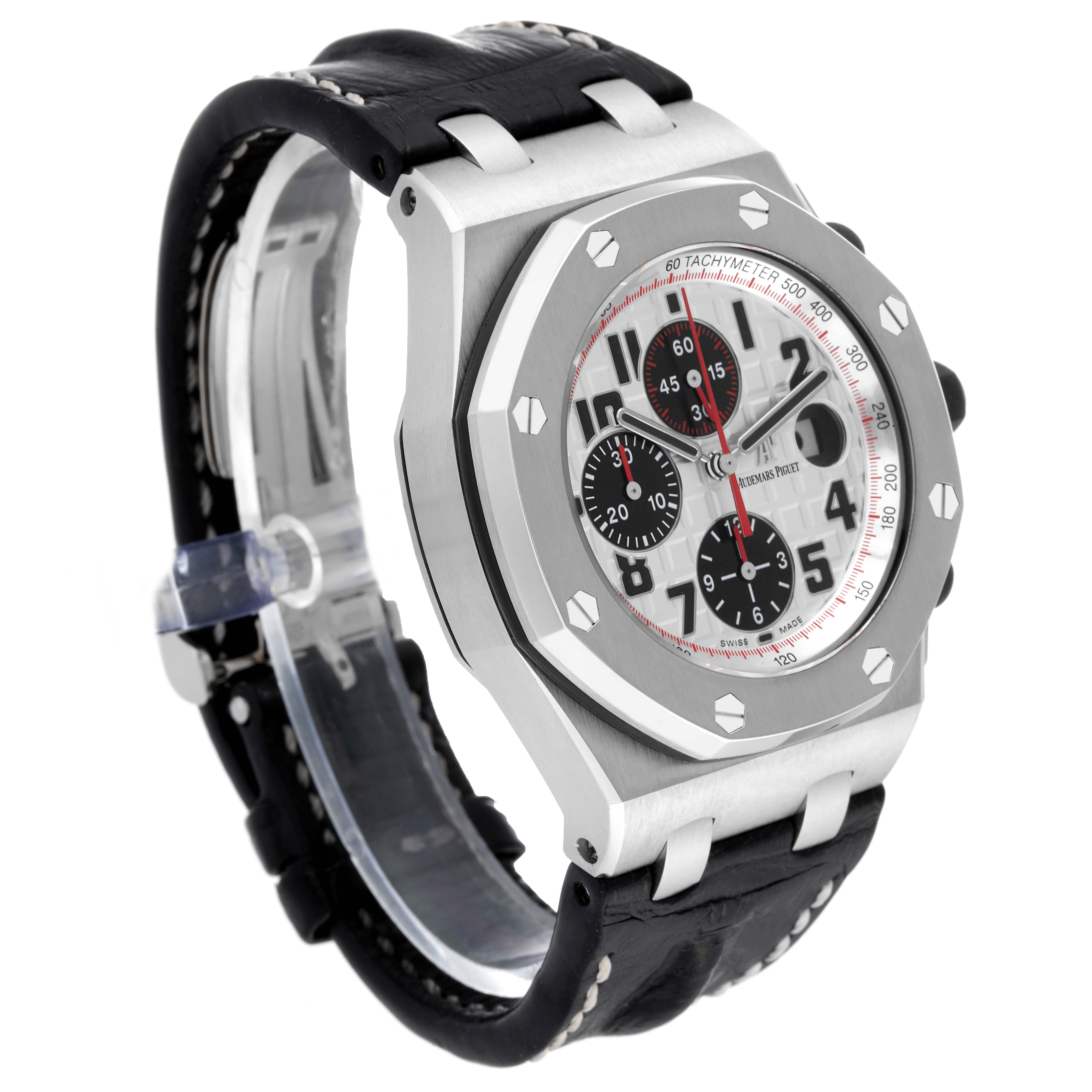 The image shows a side view of the Audemars Piguet Royal Oak Offshore 26170ST.OO.D101CR.02 Men's Stainless Steel Silver Dial 26170ST.OO.D101CR.02 Men's Stainless Steel Silver Dial watch, highlighting its case, bezel, and strap.