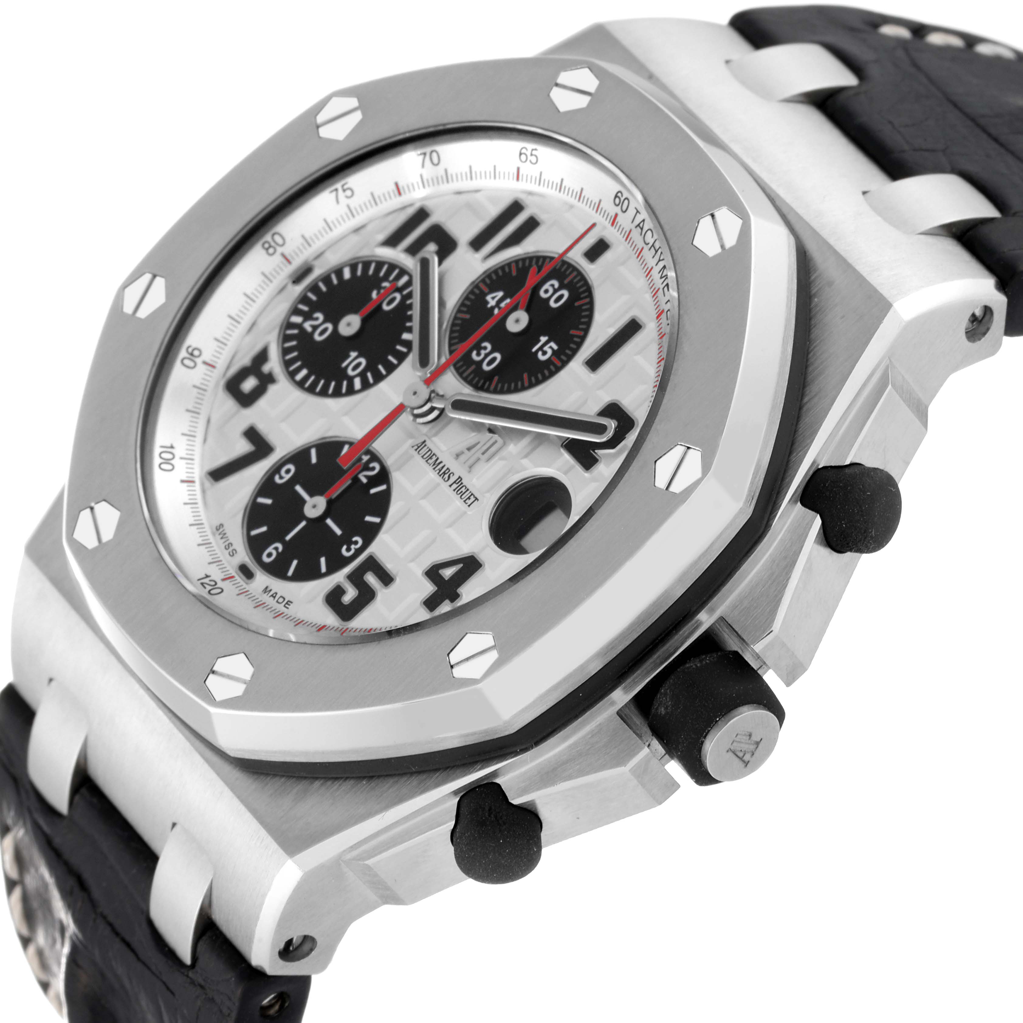 The image shows a close-up, angled view of the Audemars Piguet Royal Oak Offshore 26170ST.OO.D101CR.02 Men's Stainless Steel Silver Dial 26170ST.OO.D101CR.02 Men's Stainless Steel Silver Dial model, focusing on the face, bezel, and pushers.