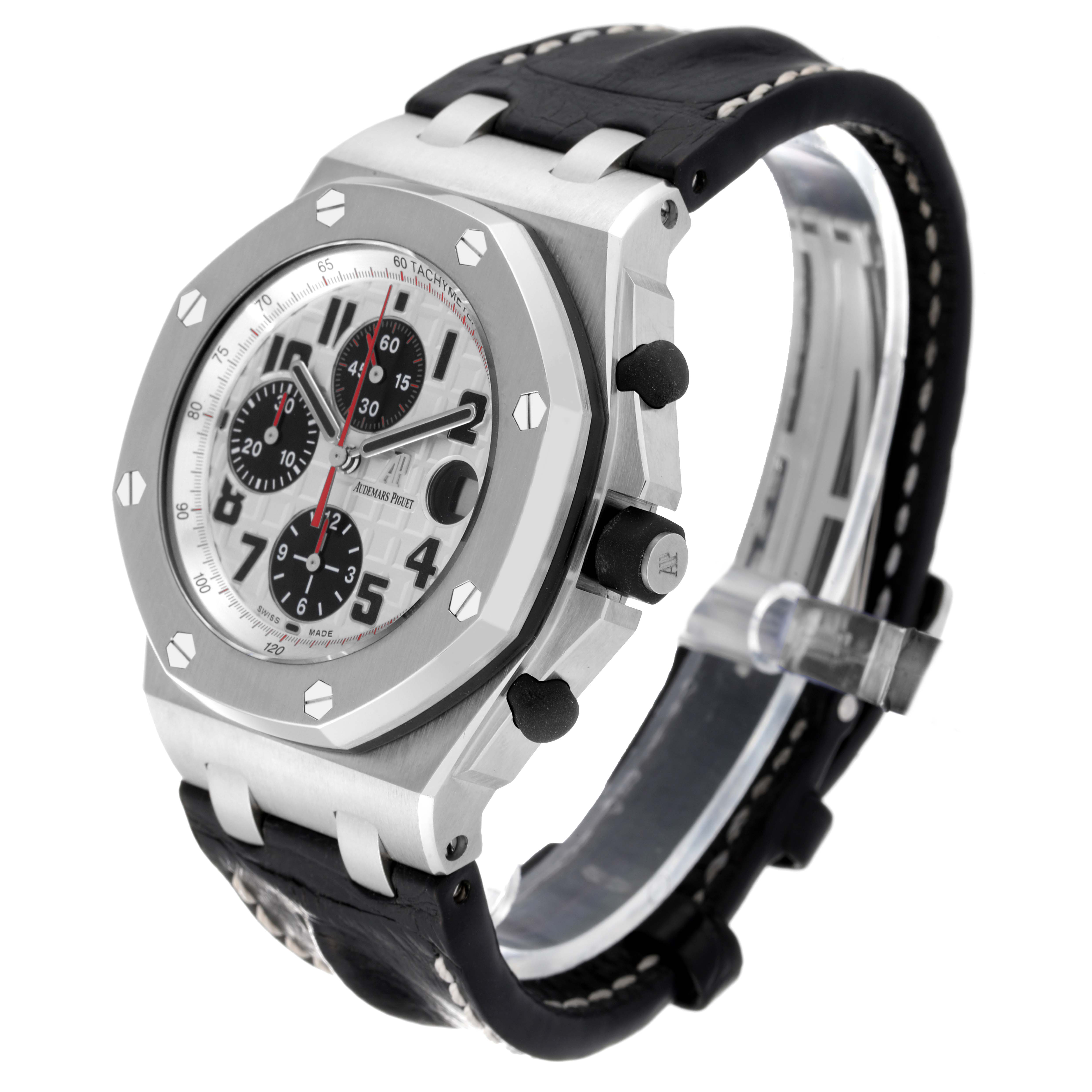 The image shows a side and angled front view of a Royal Oak Offshore model by Audemars Piguet, including the case, dial, and strap.